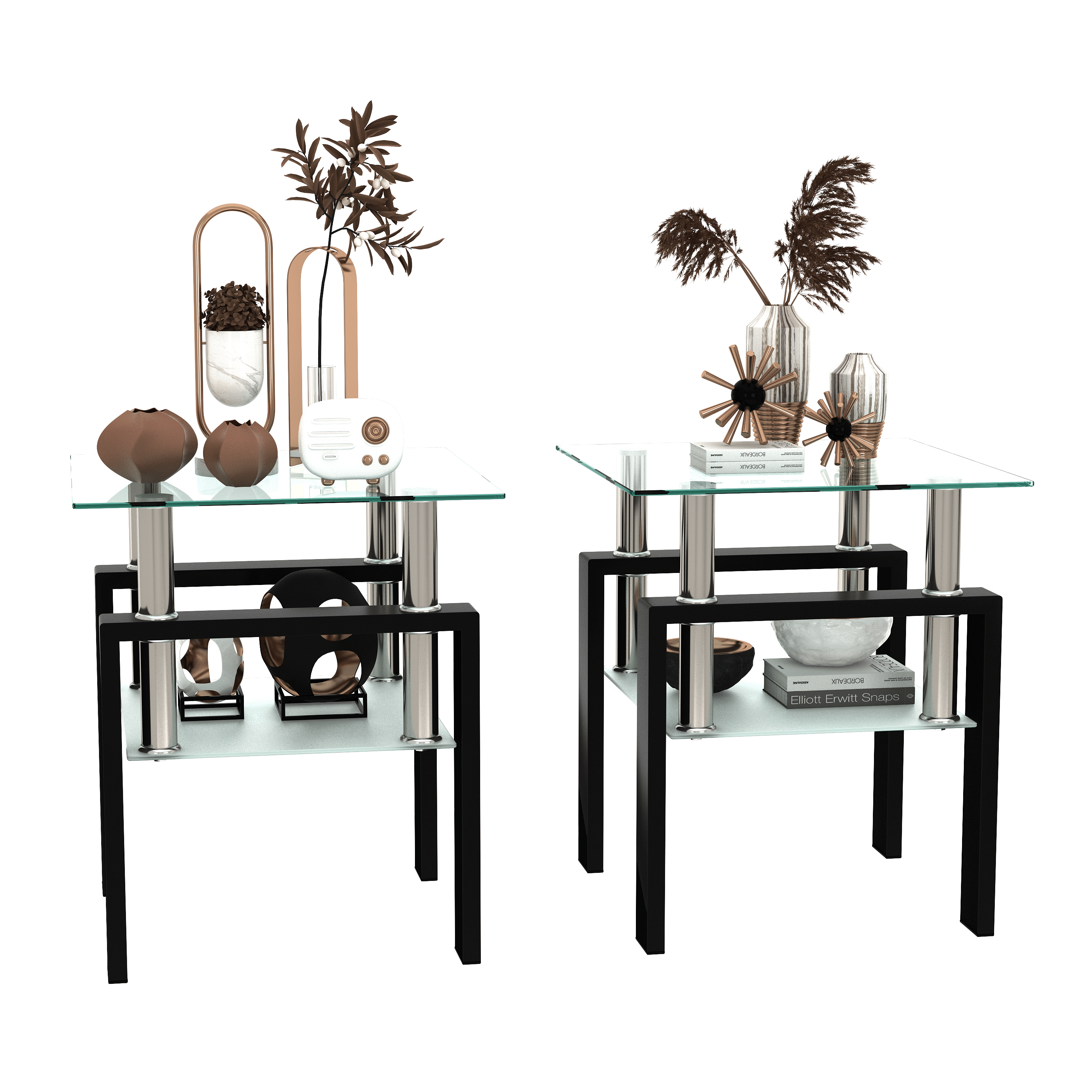 Set of 2, Modern Tempered Glass Tea Table Coffee Table End Table, Square Table for Living Room, Transparent/Black