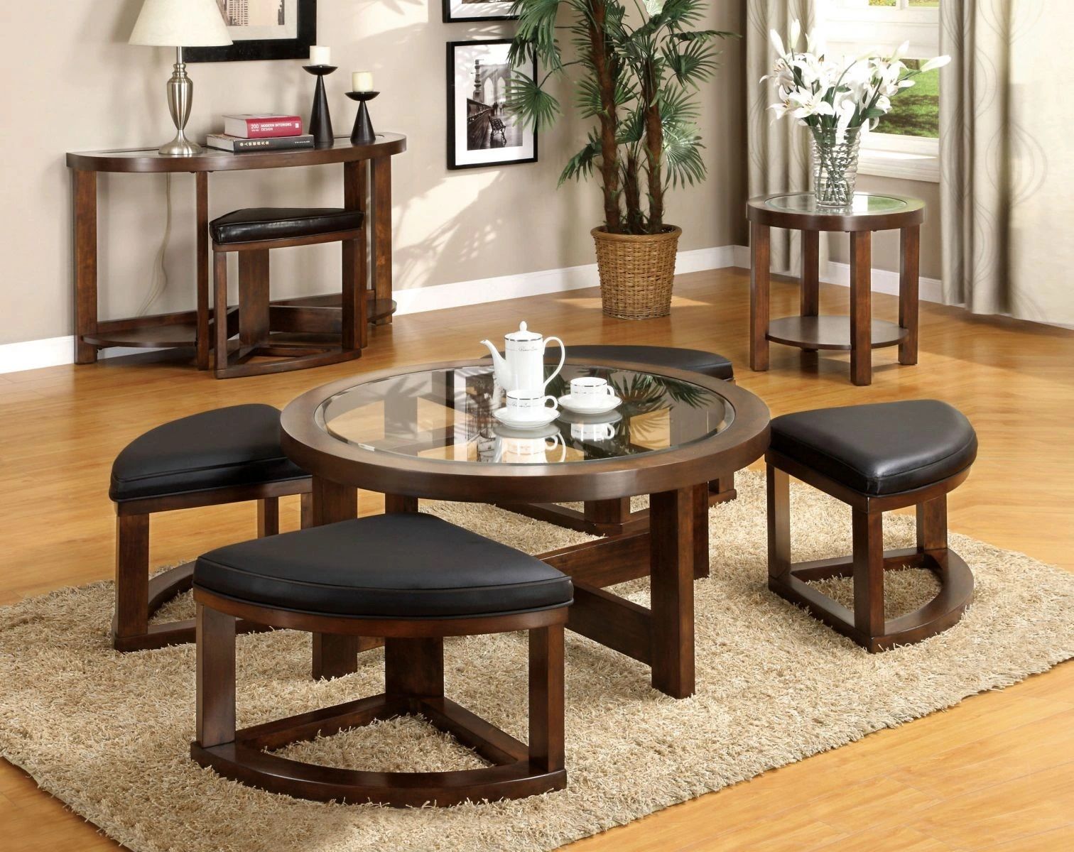 Dark Walnut Coffee Table Glass Insert Top Ottoman Included Table Set Living Room Furniture