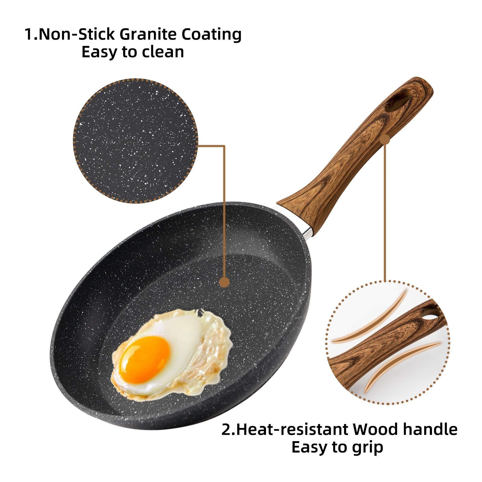 RAINBEAN Frying Pan Set 3-Piece Nonstick Saucepan Woks Cookware Set,Heat-Resistant Ergonomic Wood Effect Bakelite Handle Design,PFOA Free.(7/8/9.5 inch)