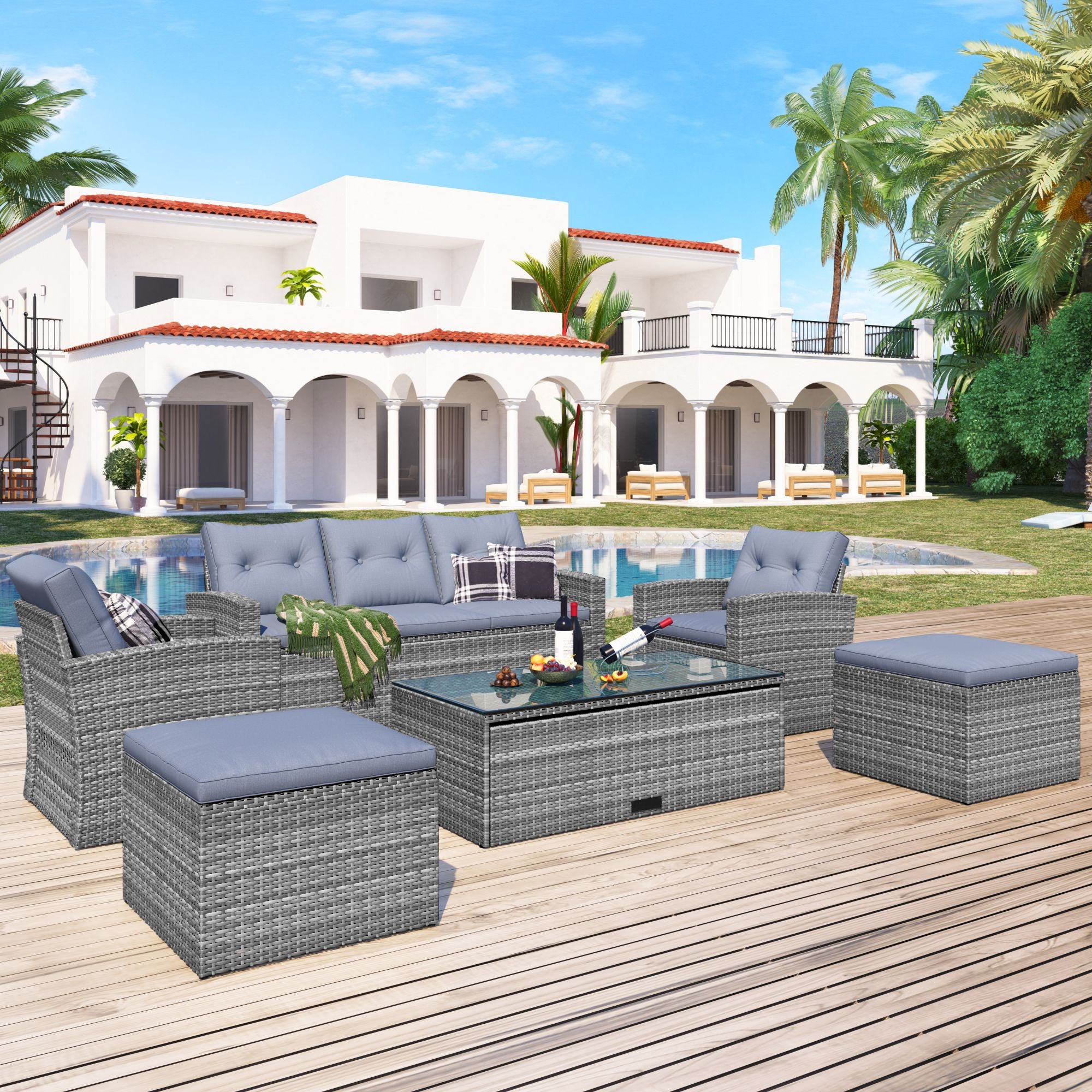 6-piece All-Weather Wicker PE rattan Patio Outdoor Dining Conversation Sectional Set with coffee table, wicker sofas, ottomans, removable cushions (Black wicker, Beige cushion)