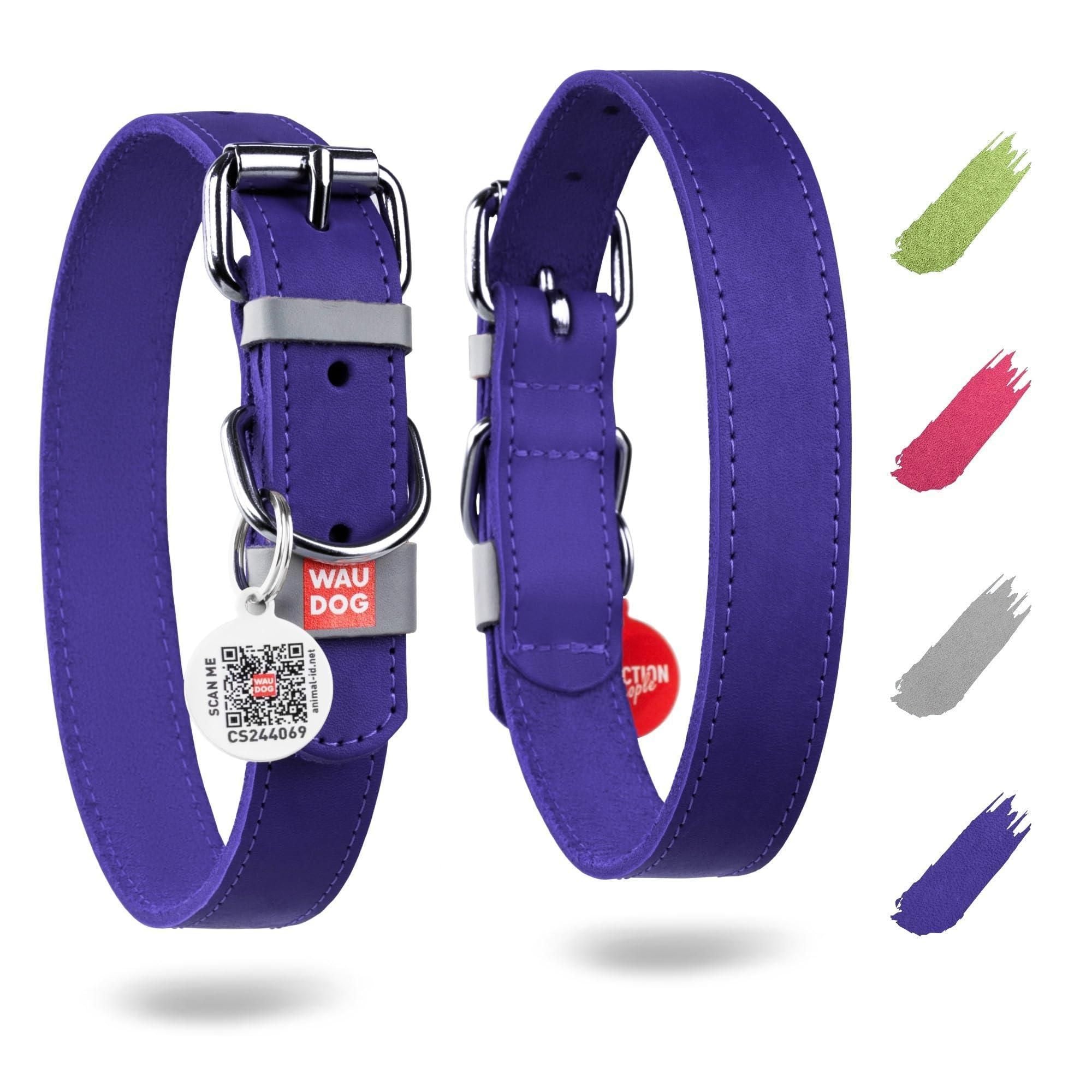Purple Long Lasting Leather Dog Collar for Large Dogs Medium Small Dogs 15-20 inch Neck x 1 inch Wide Adjustable Classic Collars with Durable Buckle D Ring QR Dog Tag