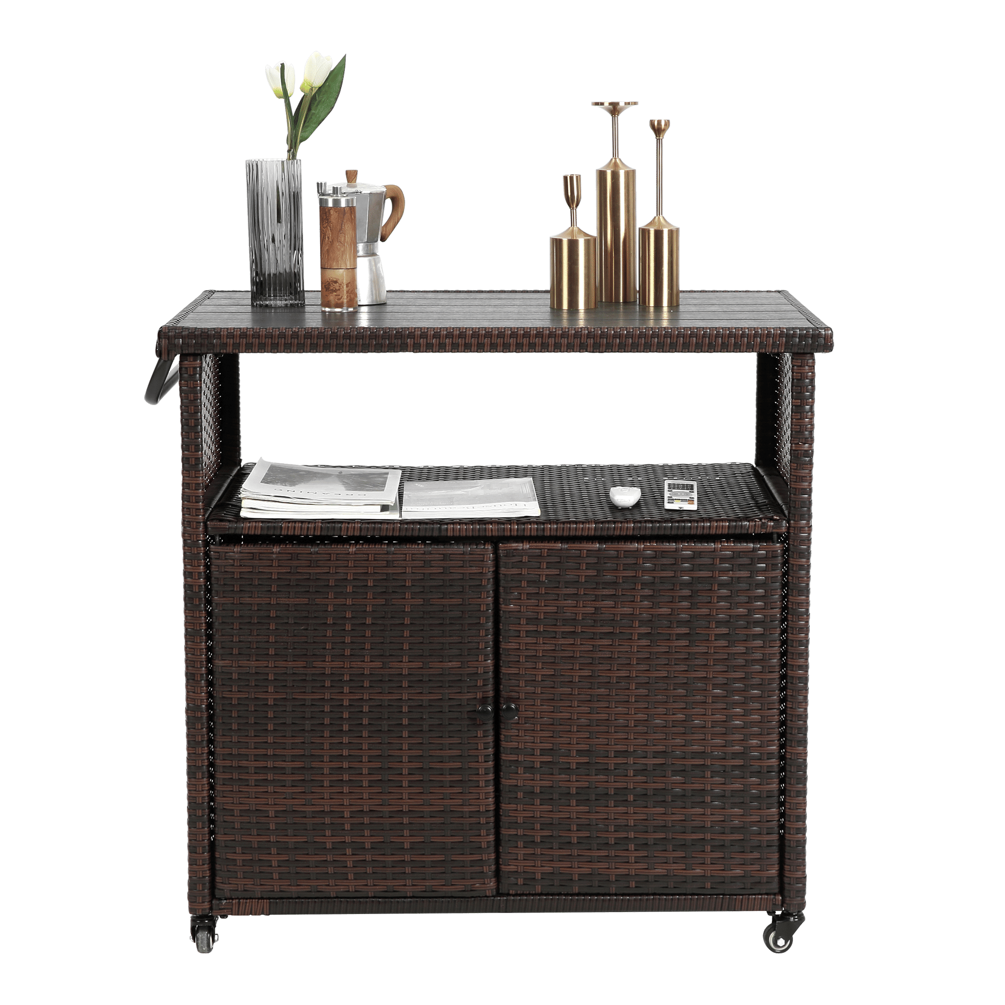 Outdoor Wicker Bar Cart, Patio Wine Serving Cart w/Wheels , Rolling Rattan Beverage Bar Counter Table w/Glass Top for Porch Backyard Garden Poolside Party, Light brown