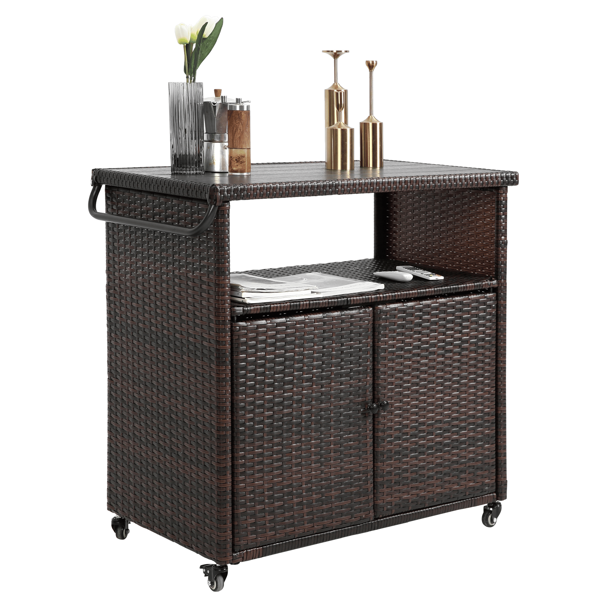 Outdoor Wicker Bar Cart, Patio Wine Serving Cart w/Wheels , Rolling Rattan Beverage Bar Counter Table w/Glass Top for Porch Backyard Garden Poolside Party, Light brown