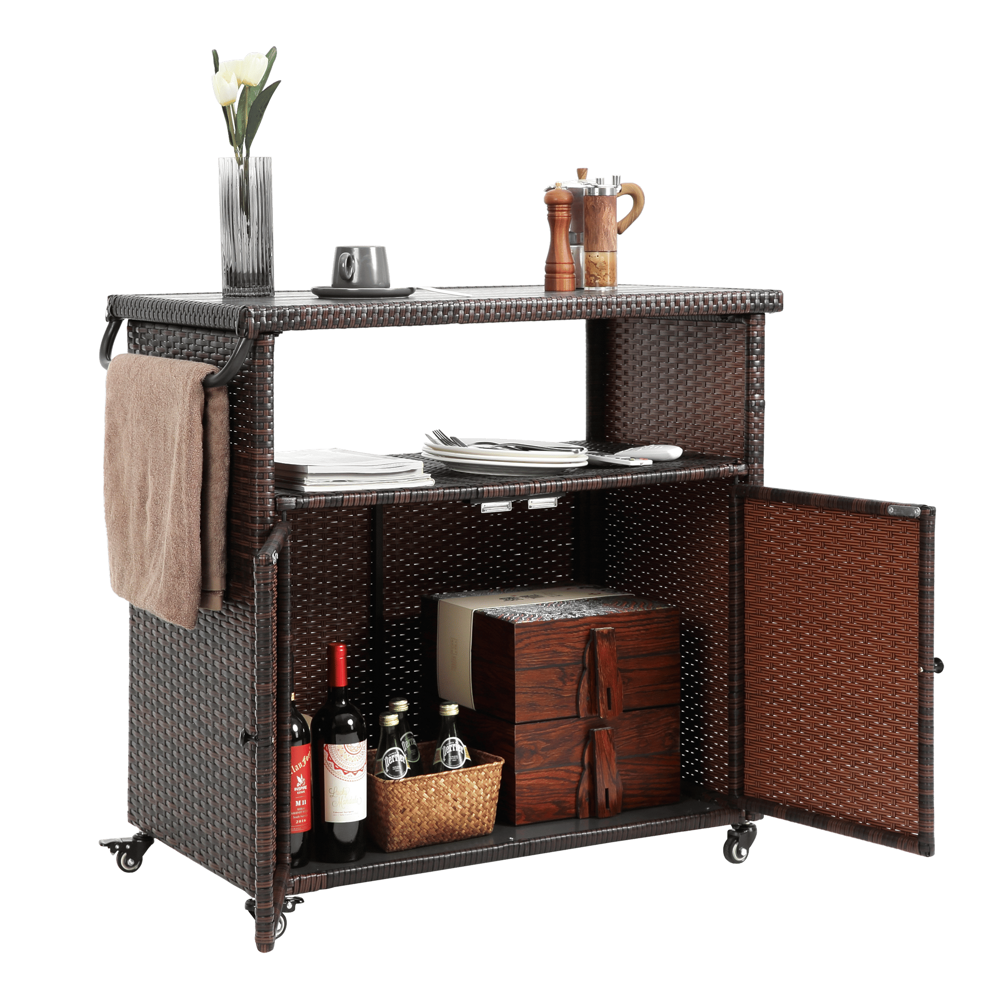 Outdoor Wicker Bar Cart, Patio Wine Serving Cart w/Wheels , Rolling Rattan Beverage Bar Counter Table w/Glass Top for Porch Backyard Garden Poolside Party, Light brown