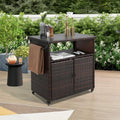 Outdoor Wicker Bar Cart, Patio Wine Serving Cart w/Wheels , Rolling Rattan Beverage Bar Counter Table w/Glass Top for Porch Backyard Garden Poolside Party, Light brown
