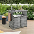 Outdoor Wicker Bar Cart, Patio Wine Serving Cart w/Wheels , Rolling Rattan Beverage Bar Counter Table w/Glass Top for Porch Backyard Garden Poolside Party, Light brown