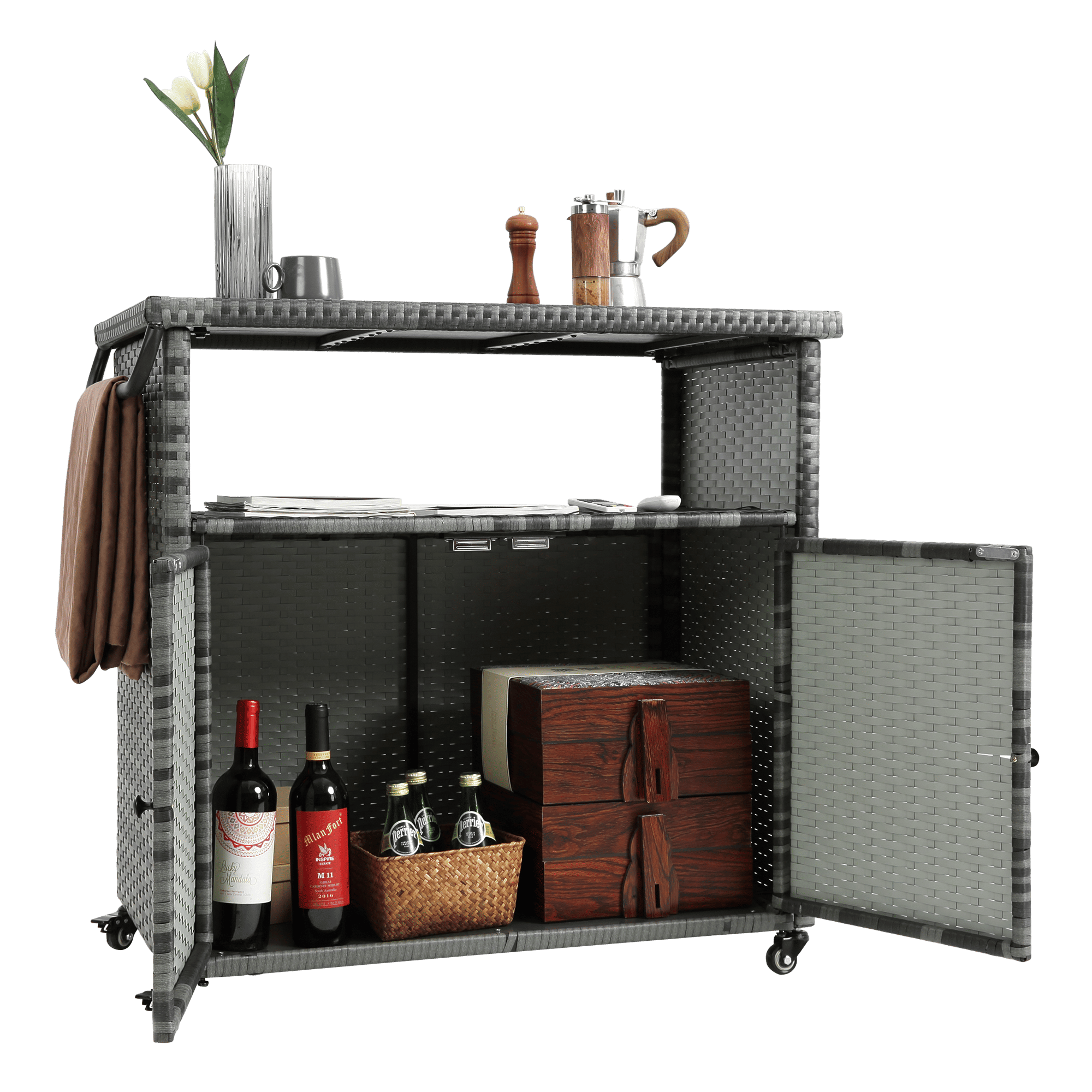 Outdoor Wicker Bar Cart, Patio Wine Serving Cart w/Wheels , Rolling Rattan Beverage Bar Counter Table w/Glass Top for Porch Backyard Garden Poolside Party, Light brown