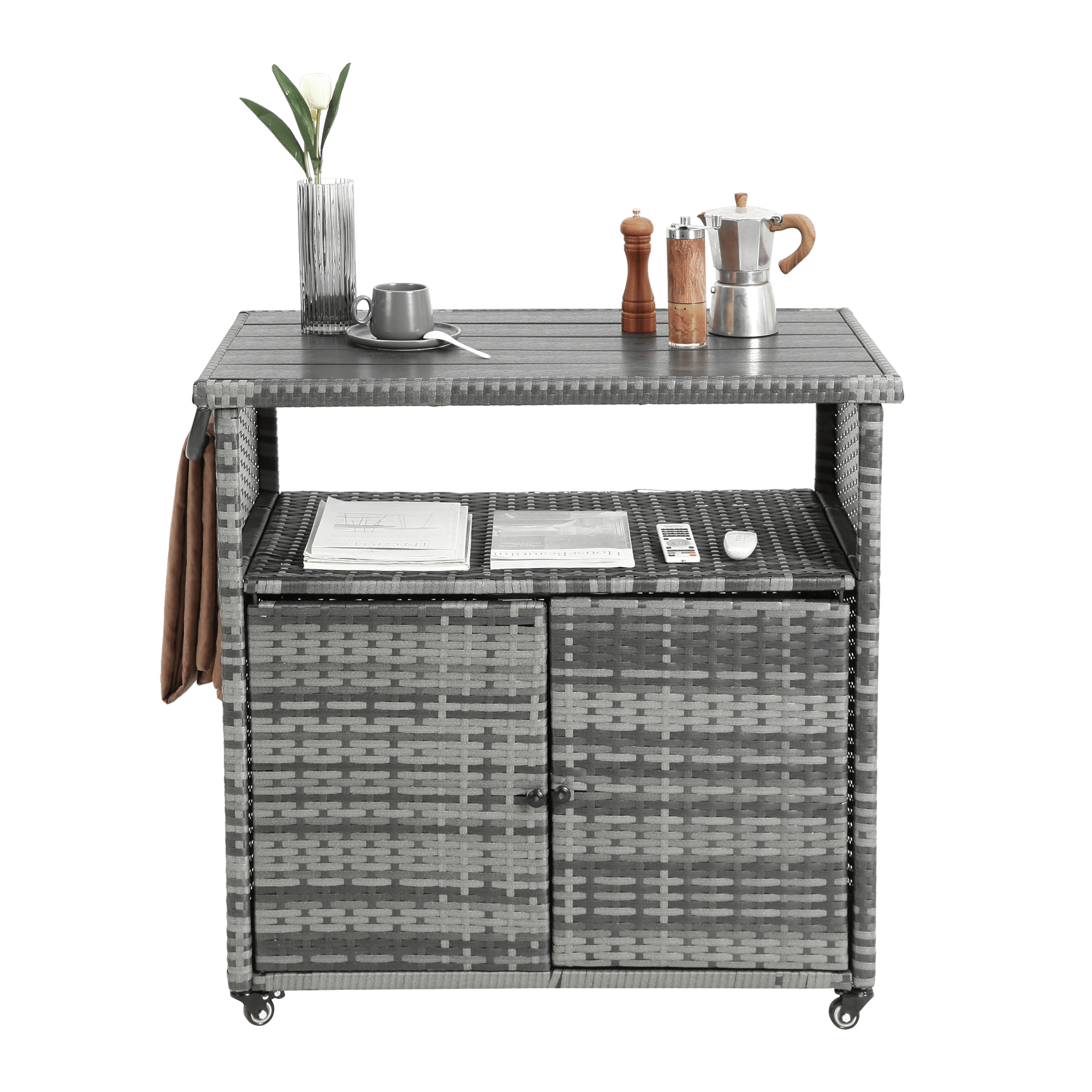 Outdoor Wicker Bar Cart, Patio Wine Serving Cart w/Wheels , Rolling Rattan Beverage Bar Counter Table w/Glass Top for Porch Backyard Garden Poolside Party, Light brown