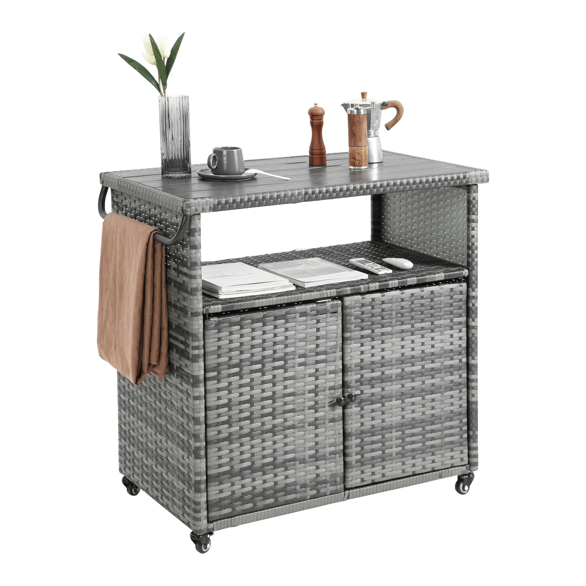 Outdoor Wicker Bar Cart, Patio Wine Serving Cart w/Wheels , Rolling Rattan Beverage Bar Counter Table w/Glass Top for Porch Backyard Garden Poolside Party, Light brown