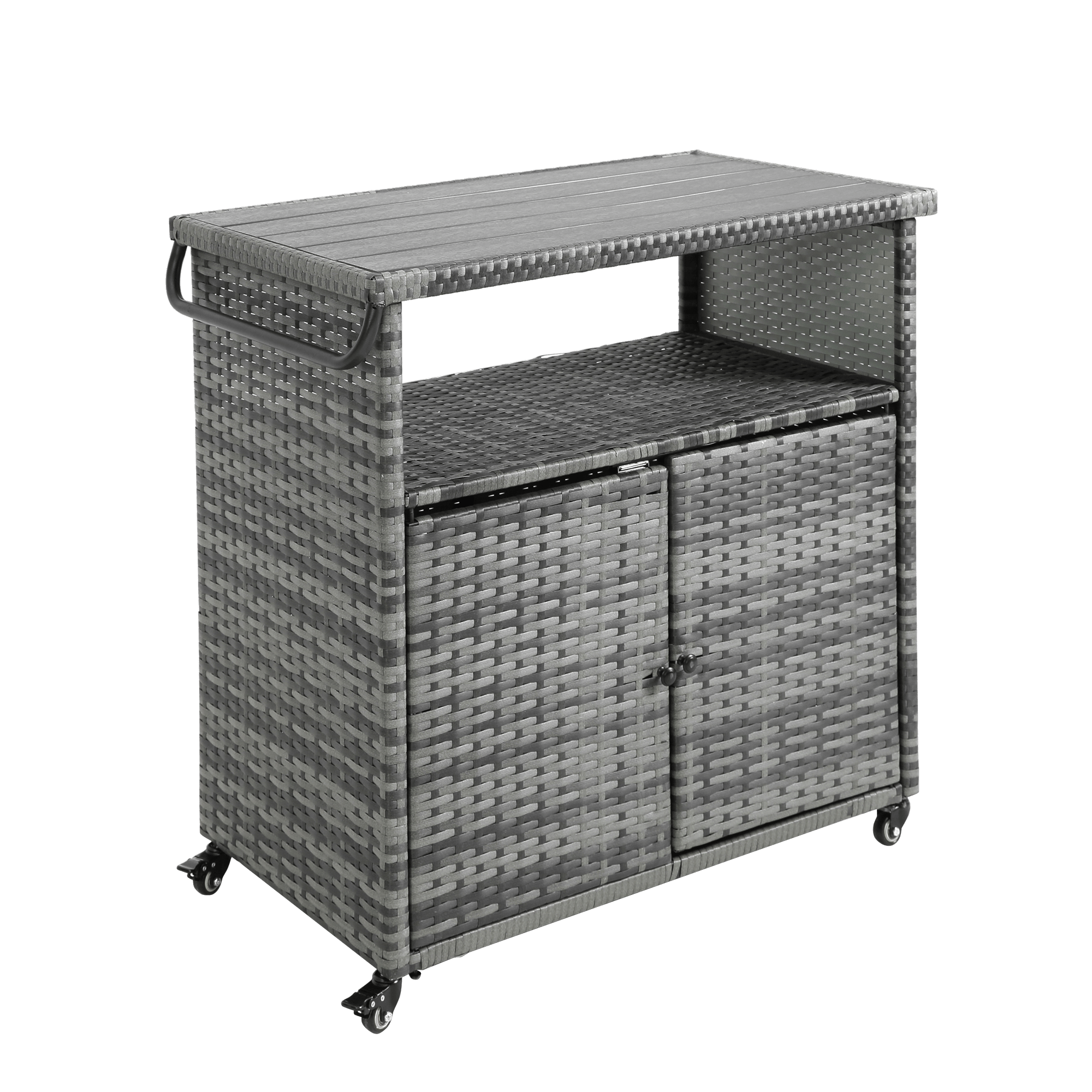 Outdoor Wicker Bar Cart, Patio Wine Serving Cart w/Wheels , Rolling Rattan Beverage Bar Counter Table w/Glass Top for Porch Backyard Garden Poolside Party, Light brown