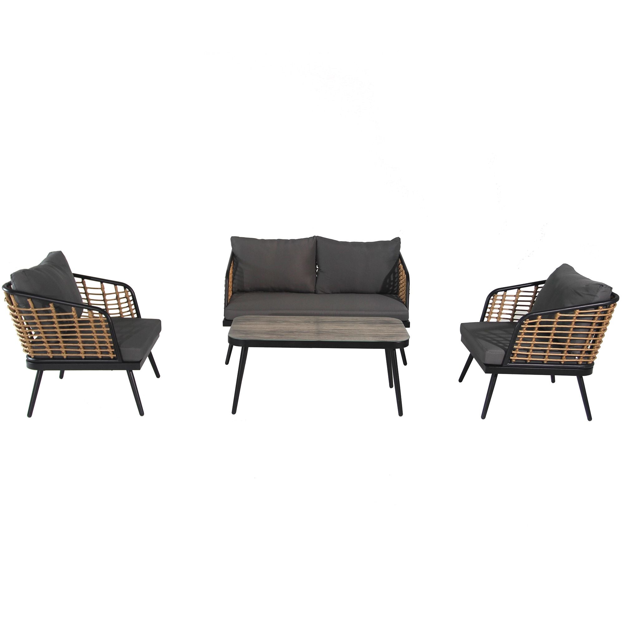 4 Pieces Patio Furniture Set, PE Rattan Wicker 4 Pcs Outdoor Sofa Set w/Washable Cushion and Tempered Glass Tabletop, Conversation Furniture for Garden Poolside Balcony