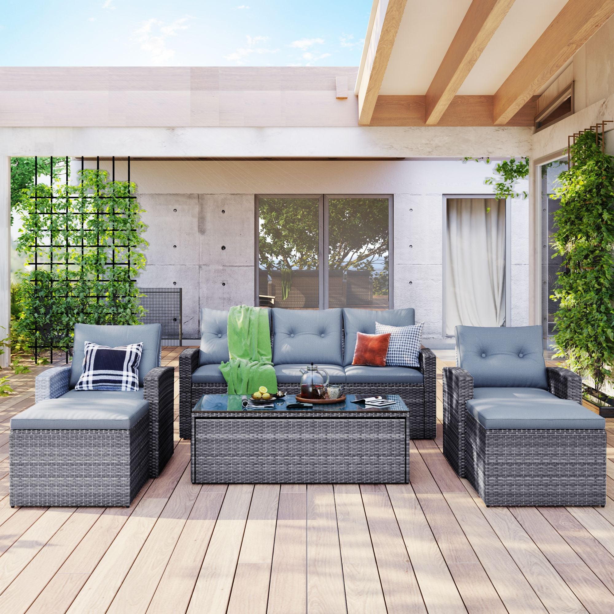 GO 6-piece All-Weather Wicker PE rattan Patio Outdoor Dining Conversation Sectional Set with coffee table, wicker sofas, ottomans, removable cushions (Dark grey wicker, Light grey cushion)
