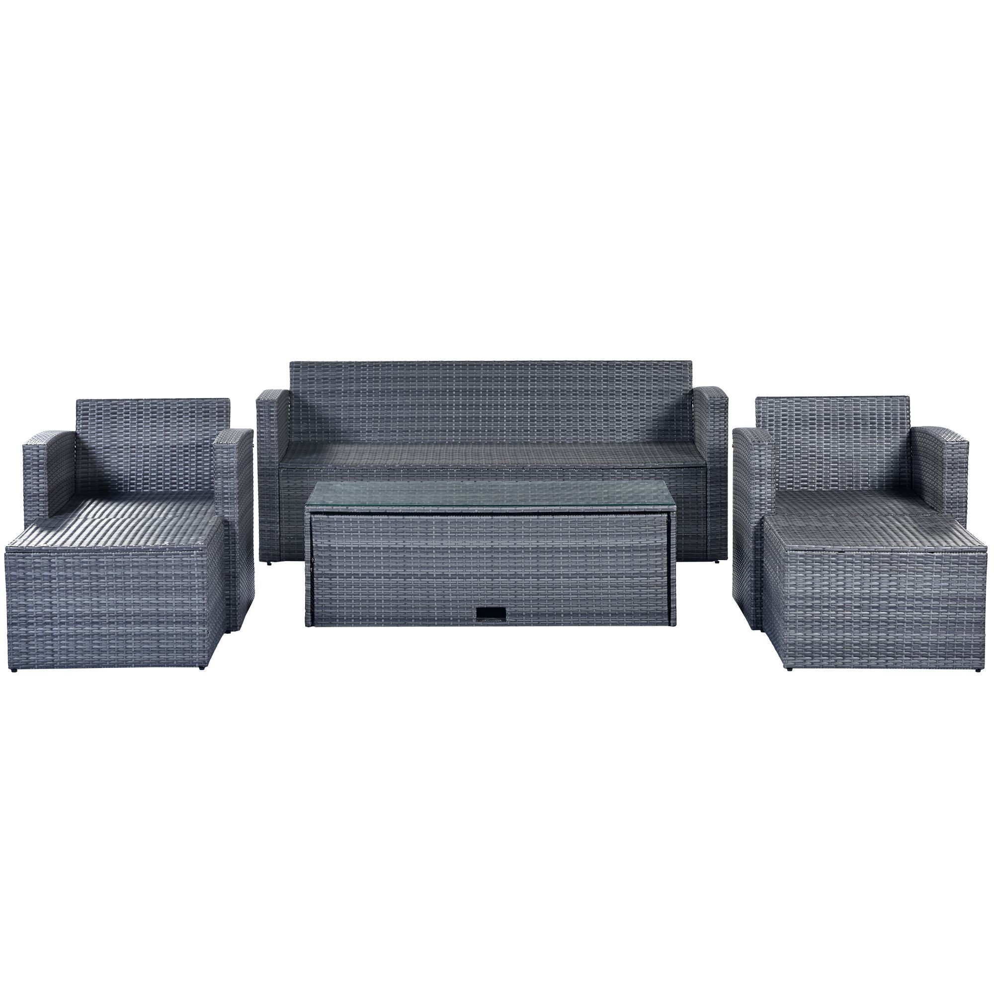 GO 6-piece All-Weather Wicker PE rattan Patio Outdoor Dining Conversation Sectional Set with coffee table, wicker sofas, ottomans, removable cushions (Dark grey wicker, Light grey cushion)