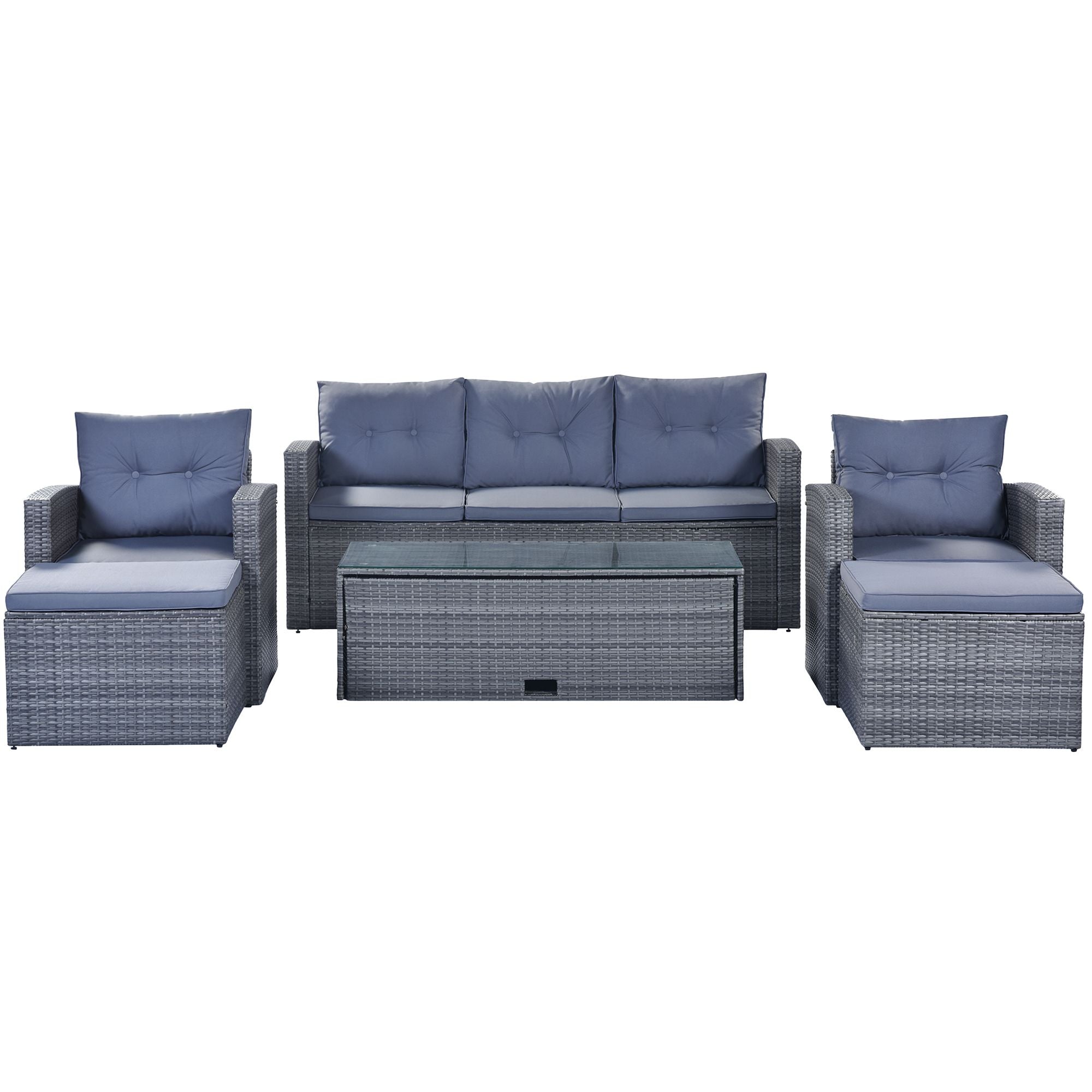 GO 6-piece All-Weather Wicker PE rattan Patio Outdoor Dining Conversation Sectional Set with coffee table, wicker sofas, ottomans, removable cushions (Dark grey wicker, Light grey cushion)
