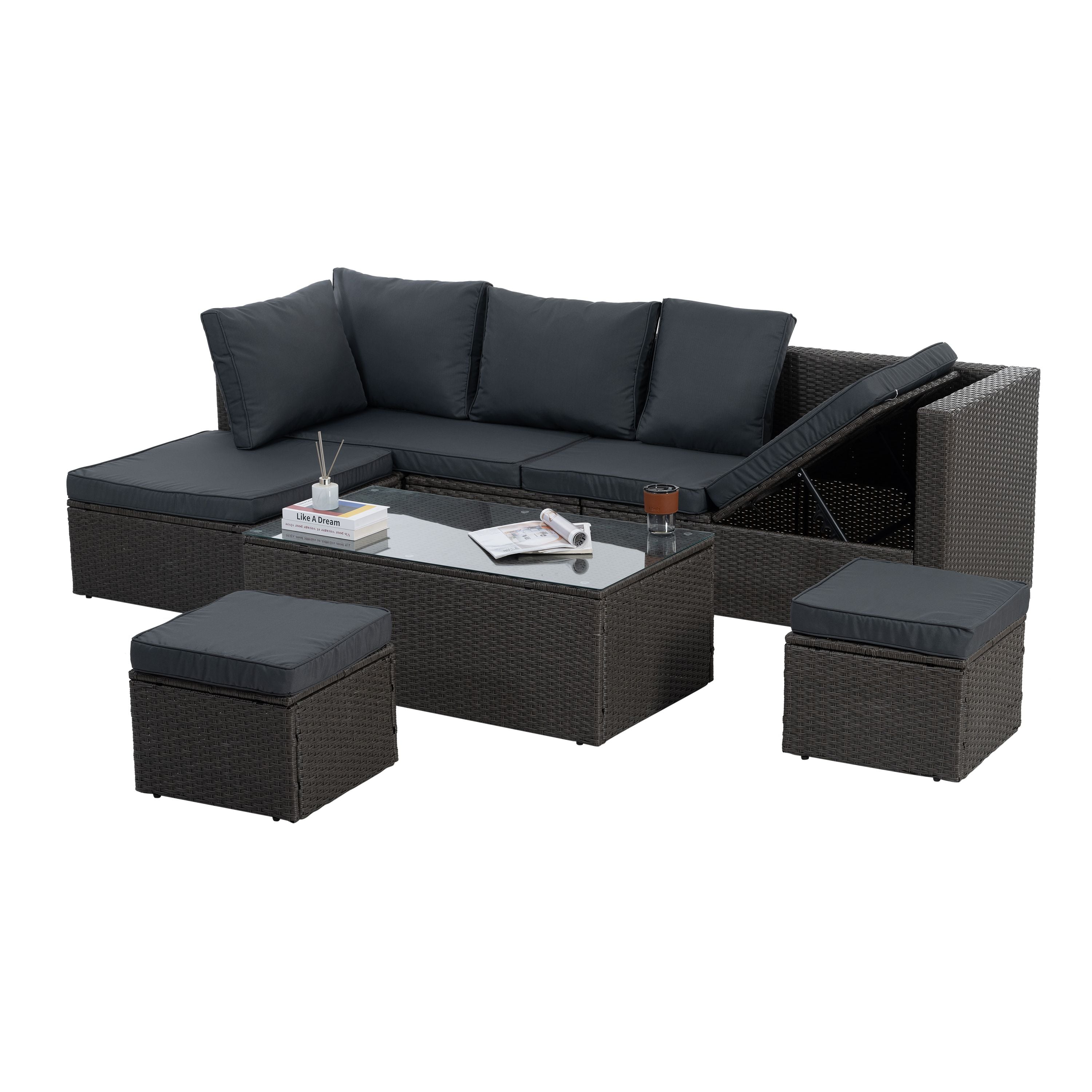 Patio Furniture, Outdoor Furniture, Seasonal PE Wicker Furniture,7 PCS Set Wicker Furniture with Lounger Sofa