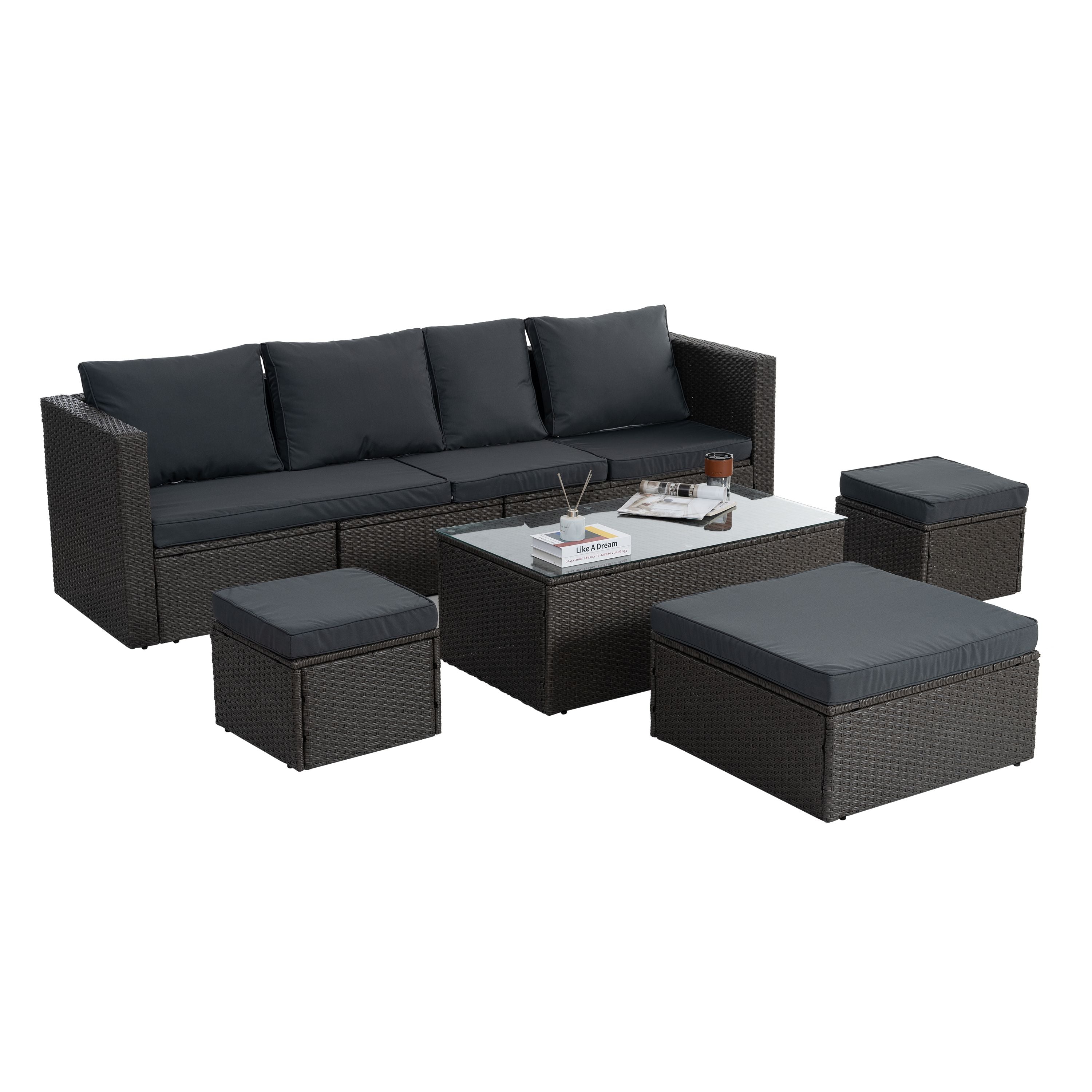 Patio Furniture, Outdoor Furniture, Seasonal PE Wicker Furniture,7 PCS Set Wicker Furniture with Lounger Sofa