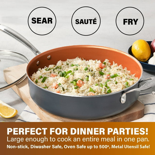 5.5 Qt Multipurpose Nonstick Jumbo Cooker Saute Pan with Glass Lid Oven Dishwasher Safe