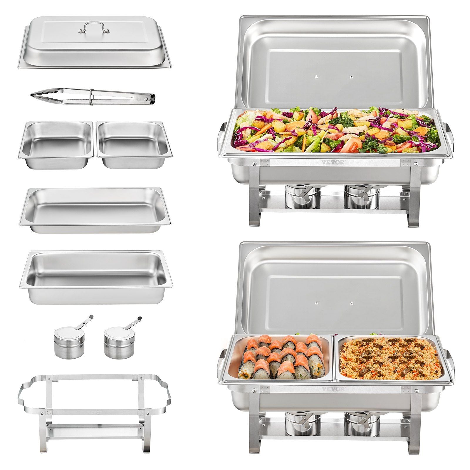 VEVOR 2-Pack Rectangle Chafing Dish Set 2 Full-Size 8Qt Pan 4 Half-Size 4Qt Pans