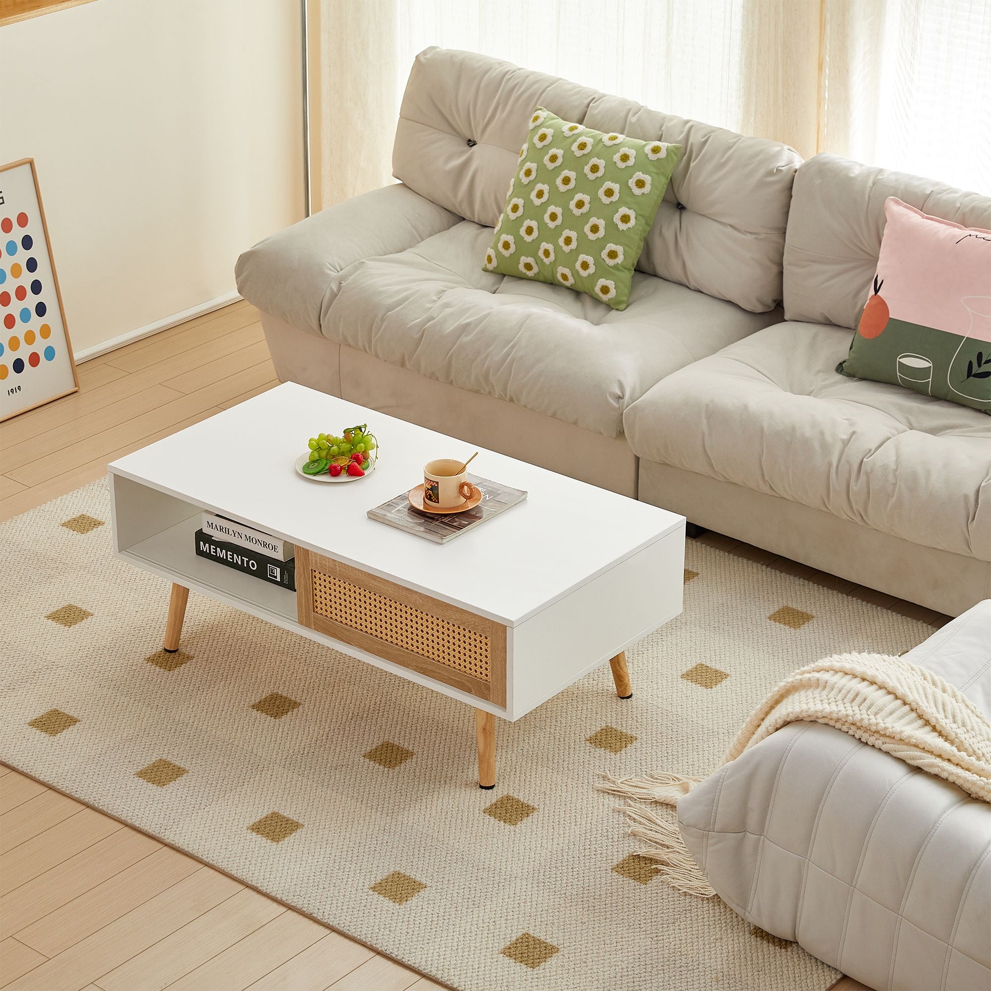41.34" Rattan Coffee table, sliding door for storage, solid wood legs, Modern table for living room