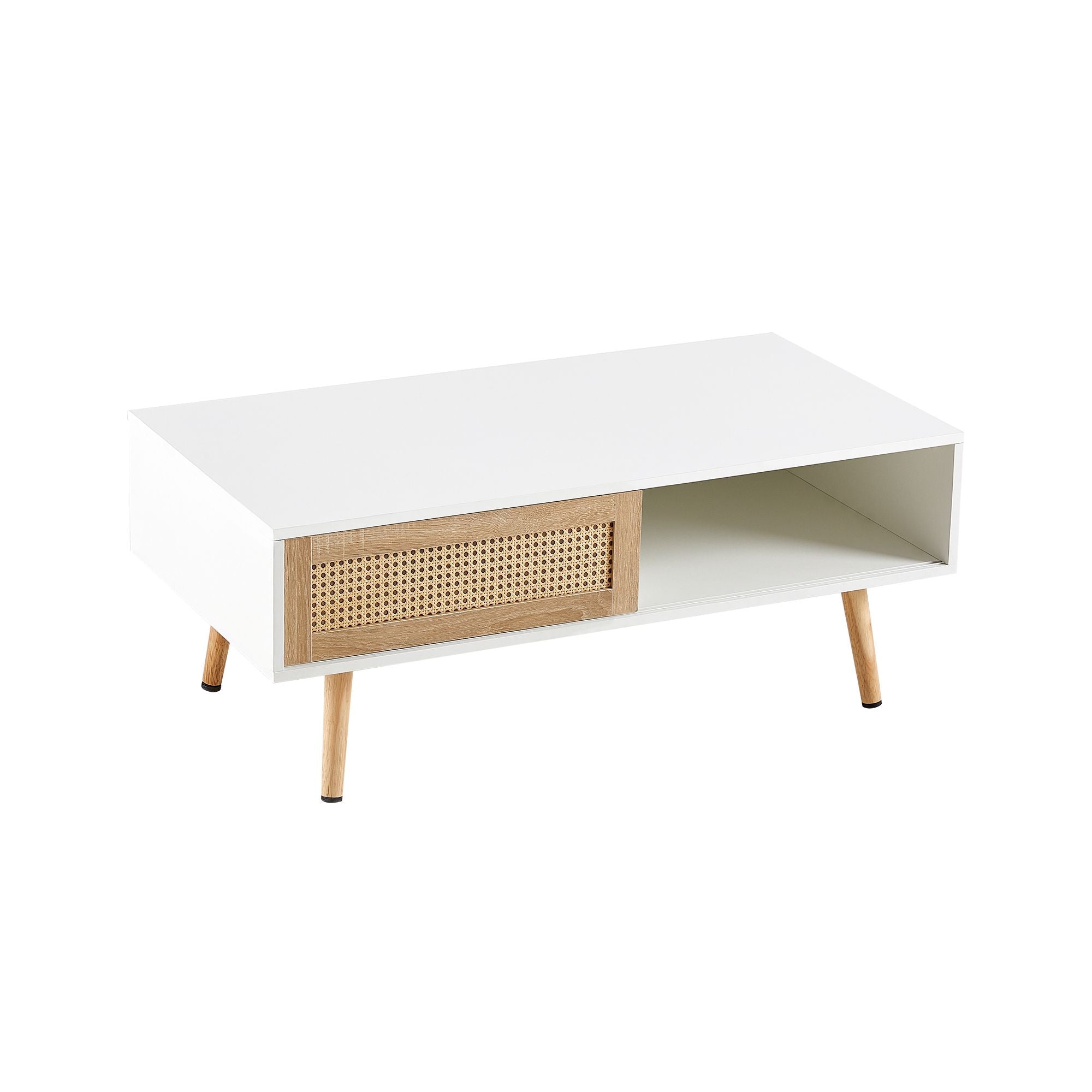 41.34" Rattan Coffee table, sliding door for storage, solid wood legs, Modern table for living room