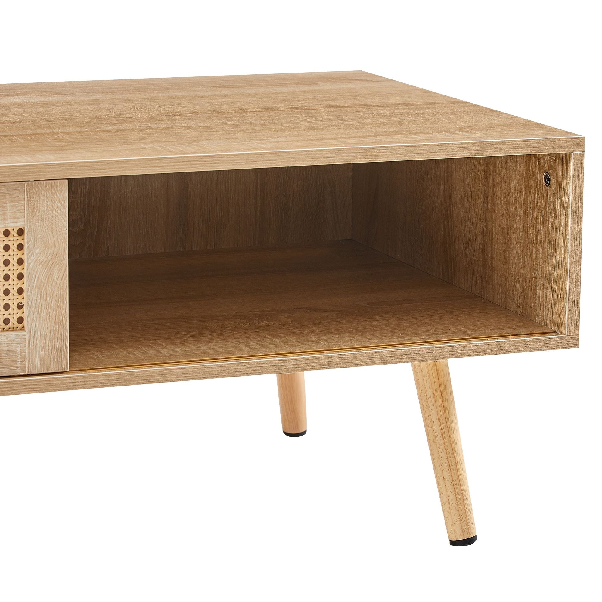 41.34" Rattan Coffee table, sliding door for storage, solid wood legs, Modern table for living room