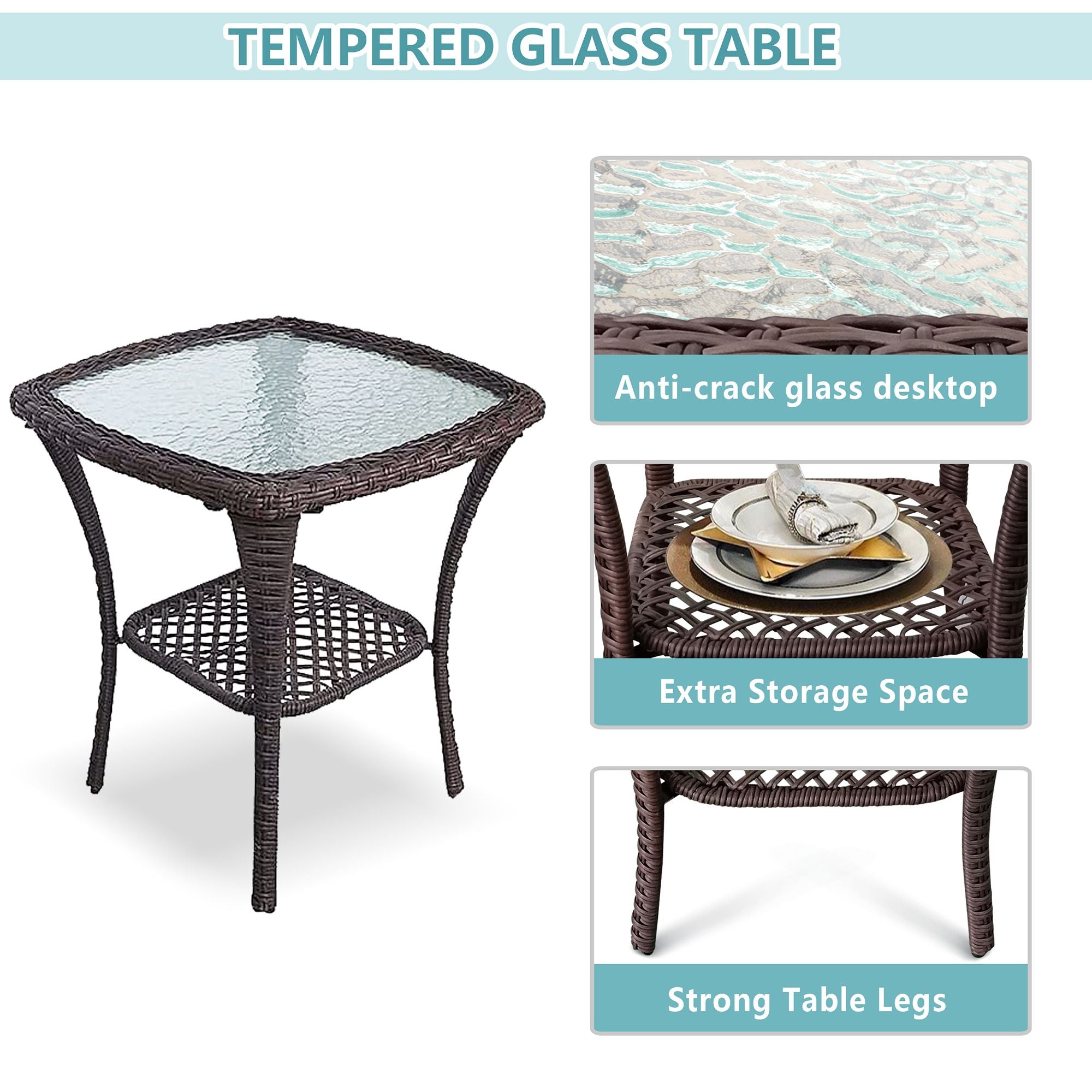 Outdoor Bistro Set 3 Pieces;  Outdoor Resin Wicker Swivel Rocker Patio Chair;  360-Degree Swivel Rocking Chairs and Tempered Glass Top Side Coffee Table;  Outdoor Rattan Conversation Sets