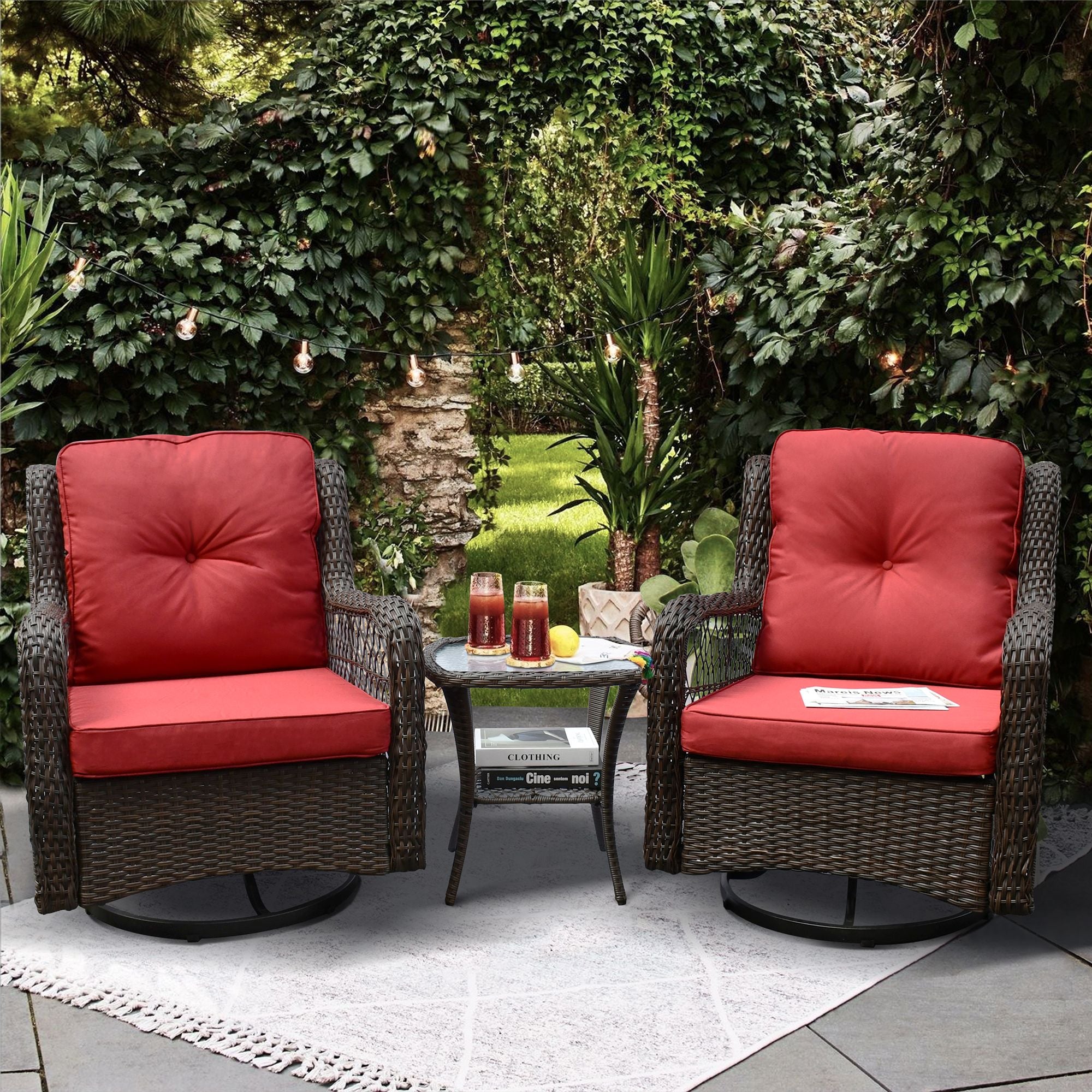 Outdoor Bistro Set 3 Pieces;  Outdoor Resin Wicker Swivel Rocker Patio Chair;  360-Degree Swivel Rocking Chairs and Tempered Glass Top Side Coffee Table;  Outdoor Rattan Conversation Sets