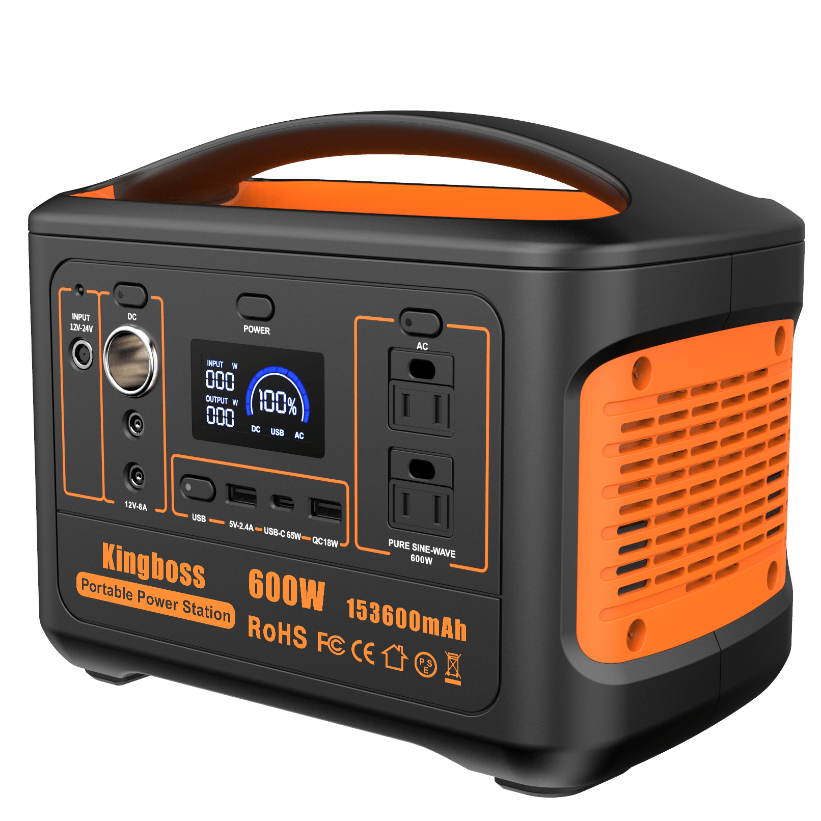 600W Portable Power Station Solar Generator (Peak 1200W) Kingboss;  153600mAh 568WH;  Lithium Battery 110V/600W;  AC Outlet;  2*DC Carport;  2*USB-C;  QC USB 3.0;  Camping Power bank;  Outdoor Indoor