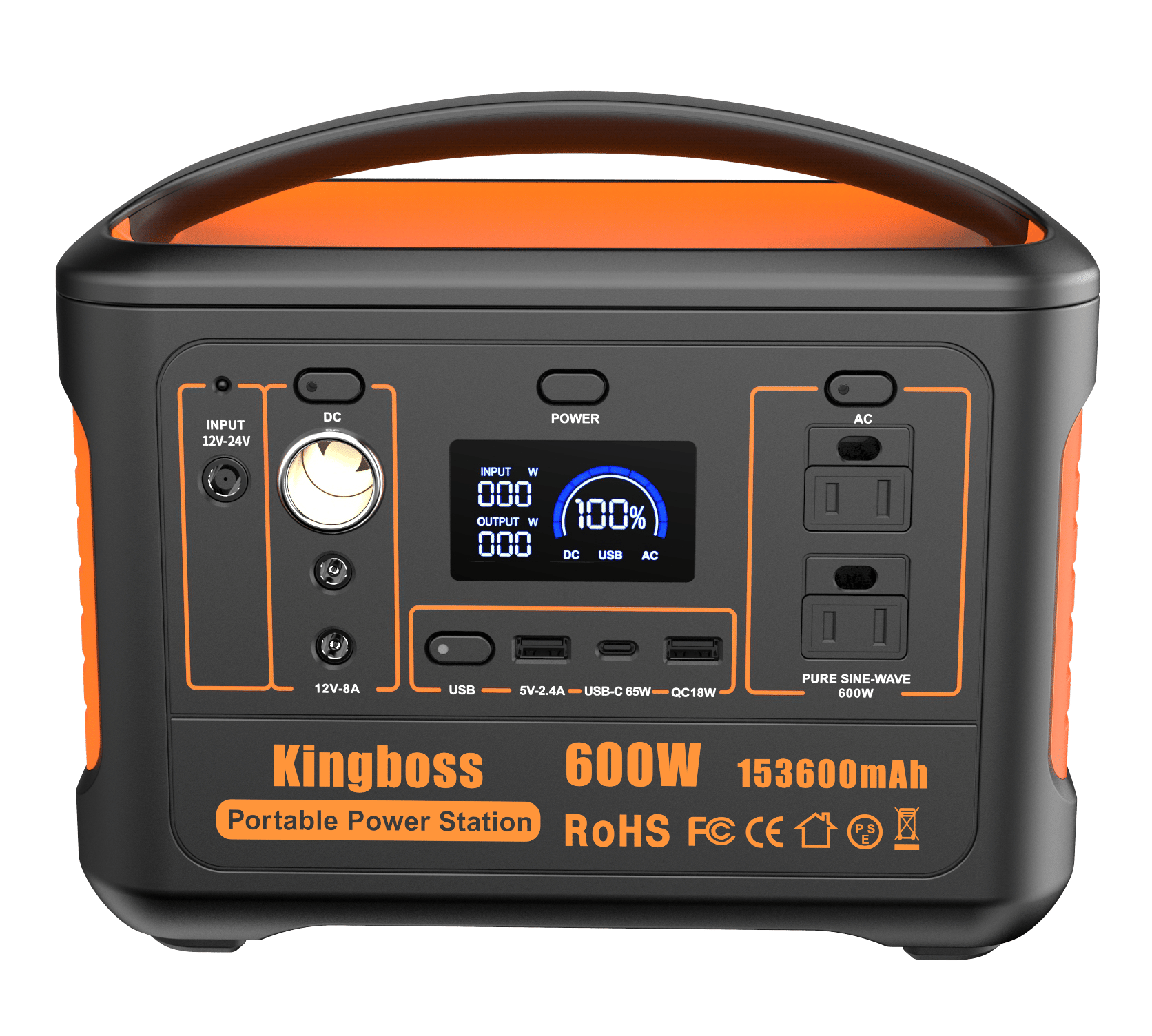 600W Portable Power Station Solar Generator (Peak 1200W) Kingboss;  153600mAh 568WH;  Lithium Battery 110V/600W;  AC Outlet;  2*DC Carport;  2*USB-C;  QC USB 3.0;  Camping Power bank;  Outdoor Indoor