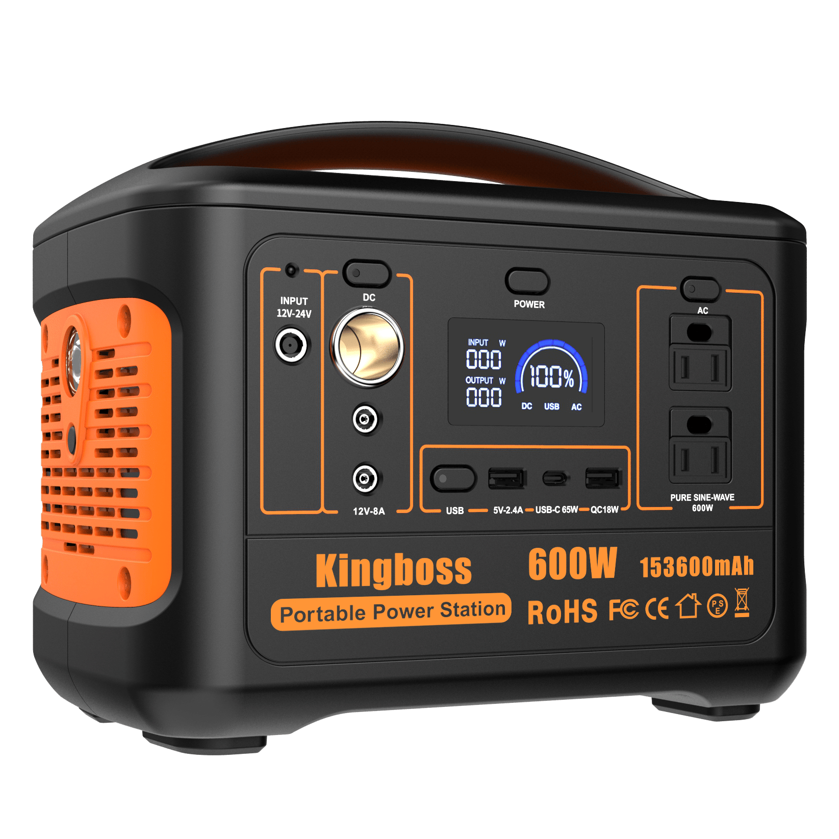 600W Portable Power Station Solar Generator (Peak 1200W) Kingboss;  153600mAh 568WH;  Lithium Battery 110V/600W;  AC Outlet;  2*DC Carport;  2*USB-C;  QC USB 3.0;  Camping Power bank;  Outdoor Indoor