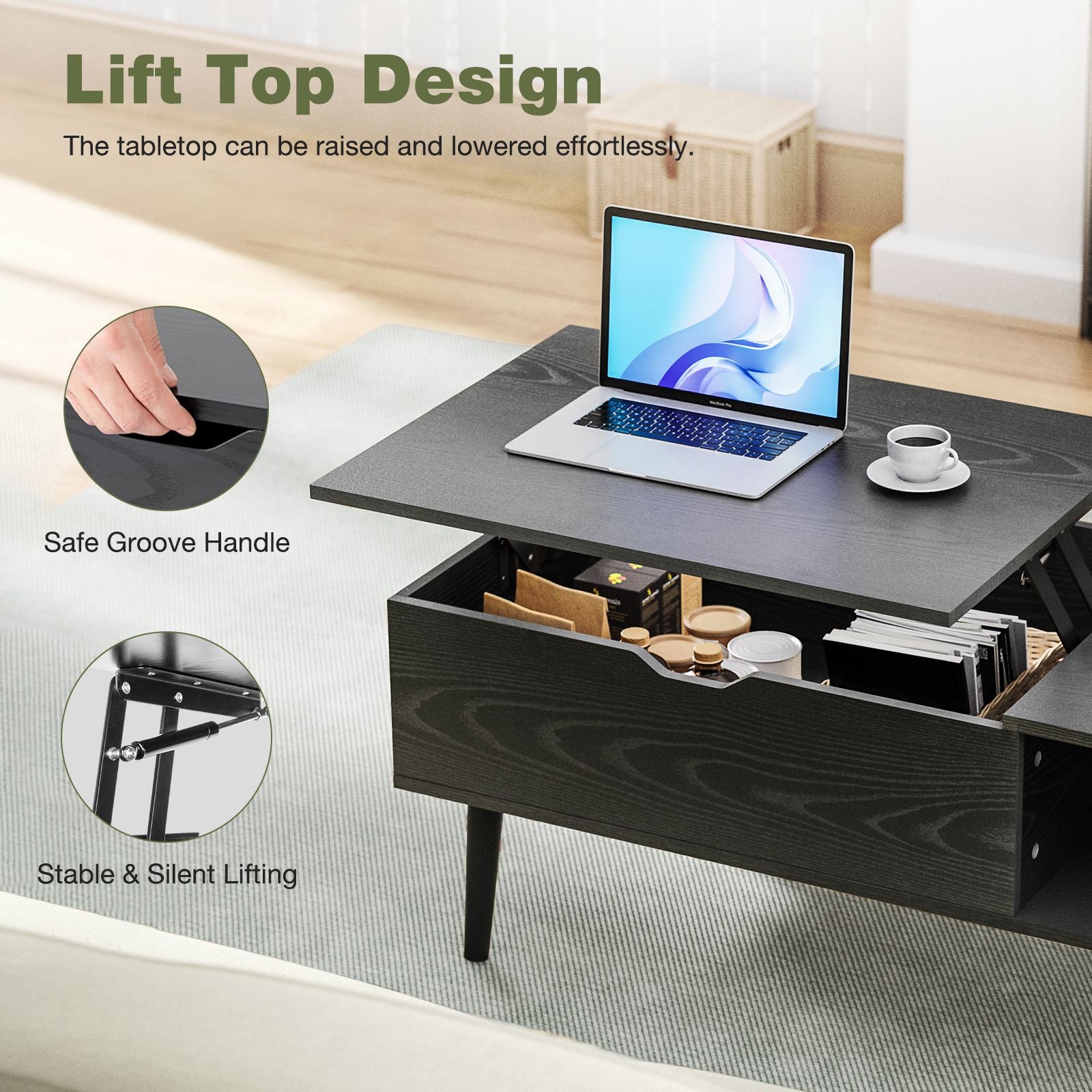 Lift Top Coffee Tables For Living Room 39.37"x19.7" Desk Tea Wood Dining Tables Adjustable Storage Shelf Easy Lift Or Lower