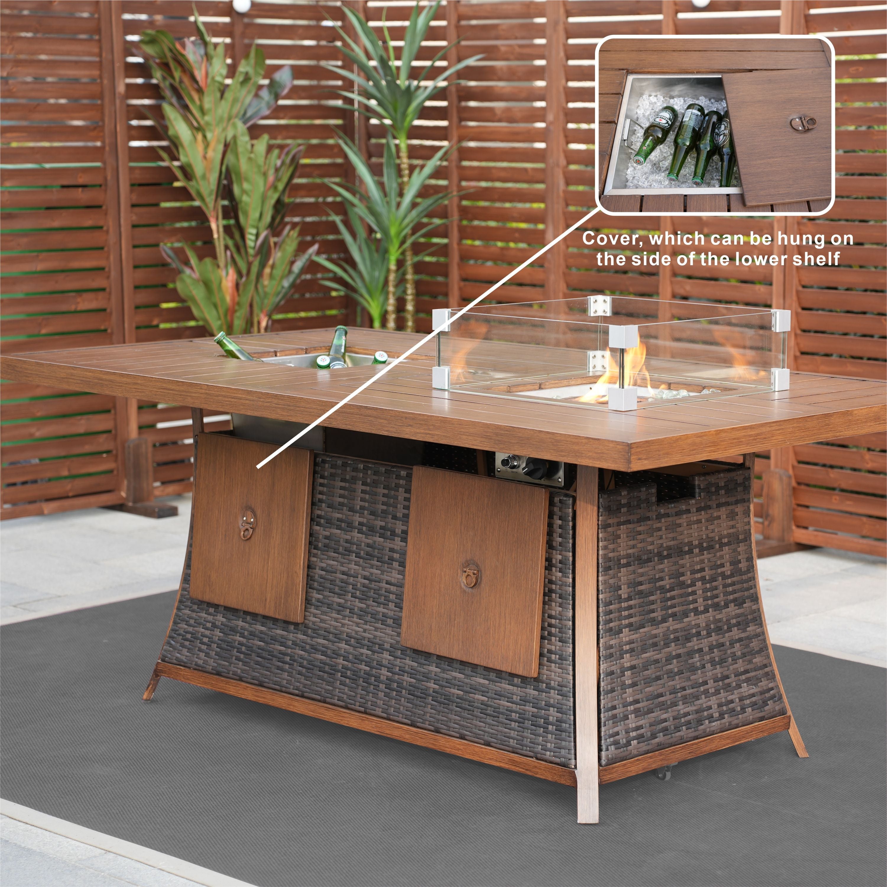 Direct Wicker Outdoor Patio Furniture Set with Rectangular Fire Pit Table in Elegant Brown or Chic Gray