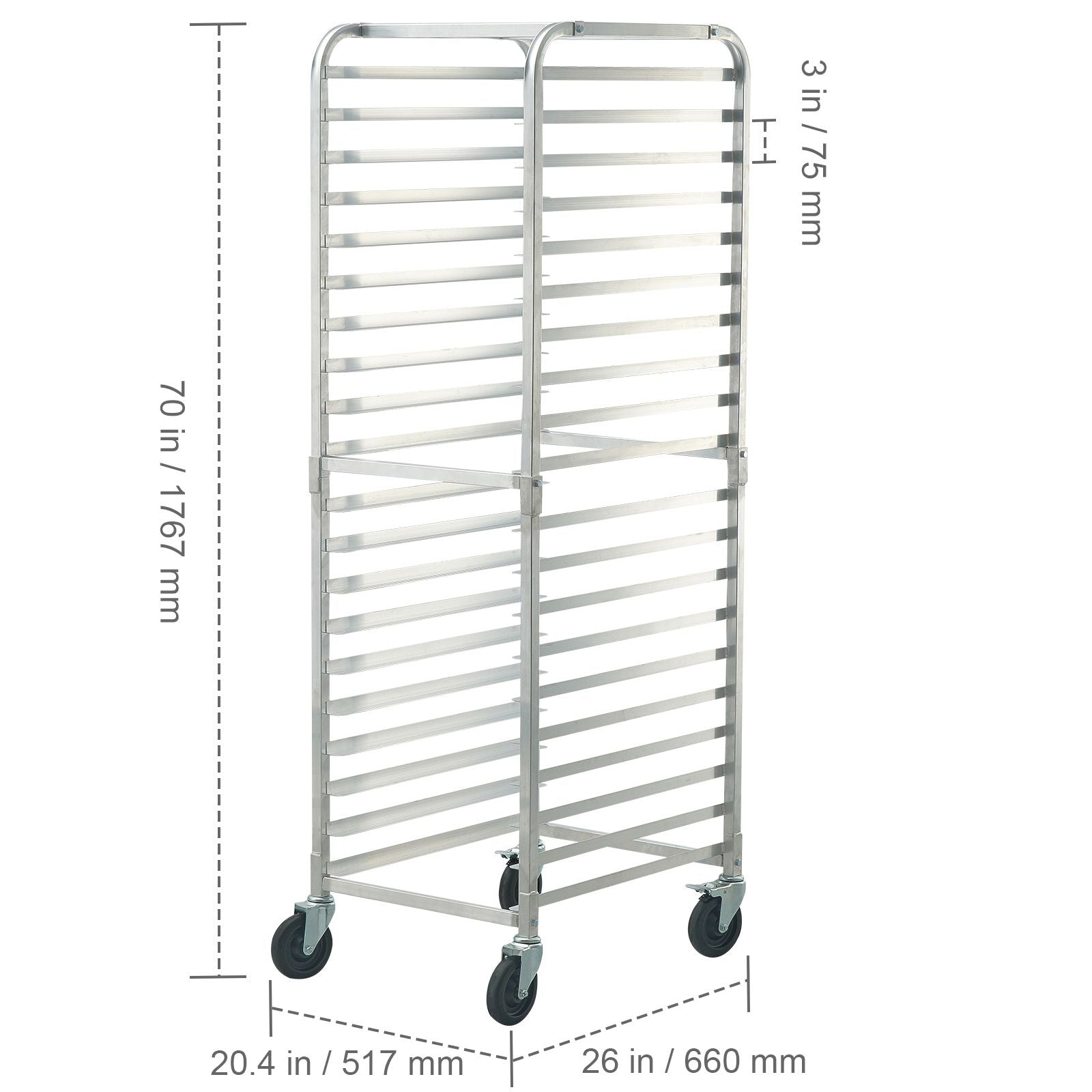 Bun Pan Rack, 20-Tier Commercial Bakery Racks with Brake Wheels, Aluminum Racking Trolley Storage for Half & Full Sheet, Speed Rack For Kitchen Home, Bread Baking Equipment, 26"L x 20.4"W x 70"H