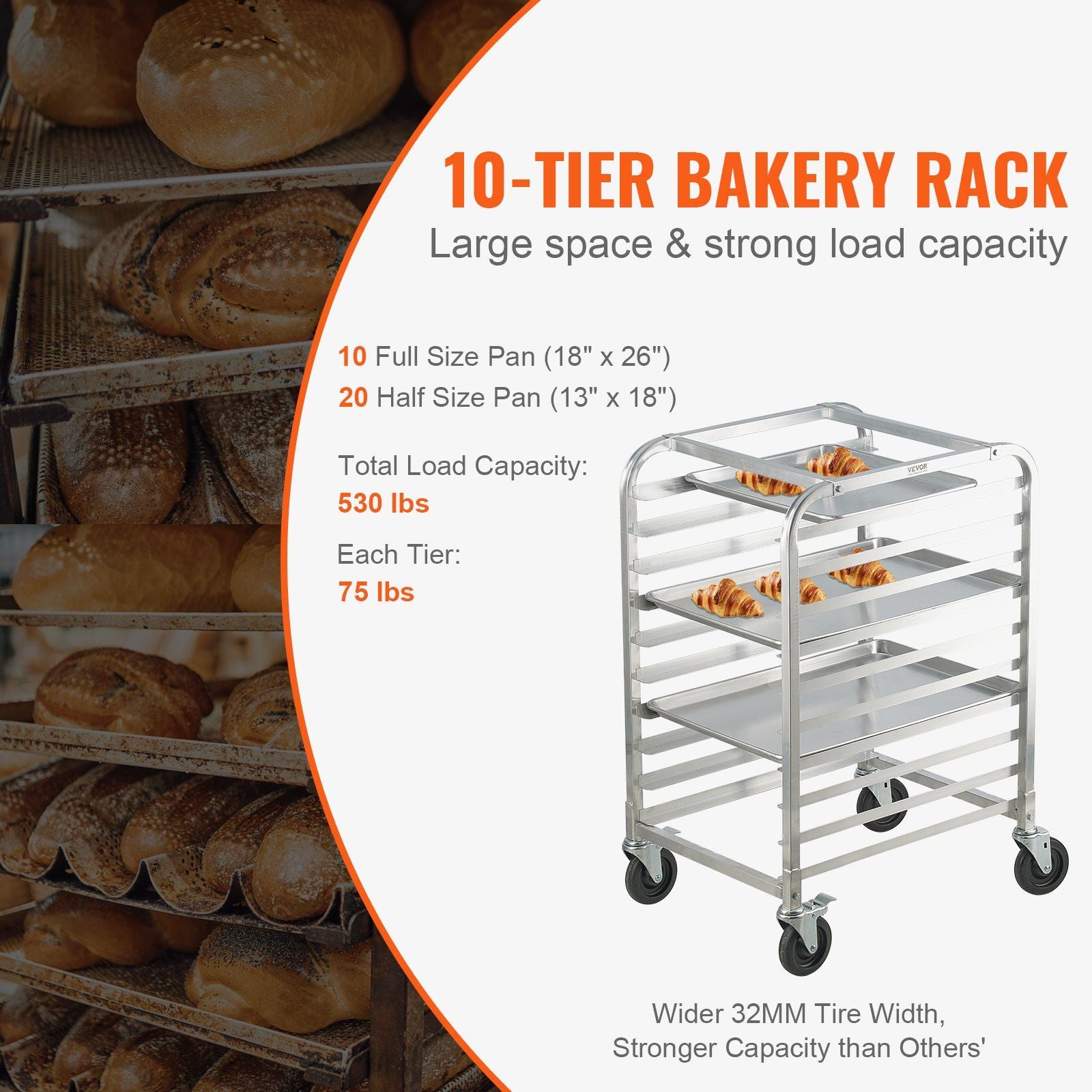 Bun Pan Rack, 10-Tier Commercial Bakery Racks with Brake Wheels, Aluminum Racking Trolley Storage for Half & Full Sheet, Speed Rack For Kitchen Home, Bread Baking Equipment, 26"L x 20.3"W x 39"H