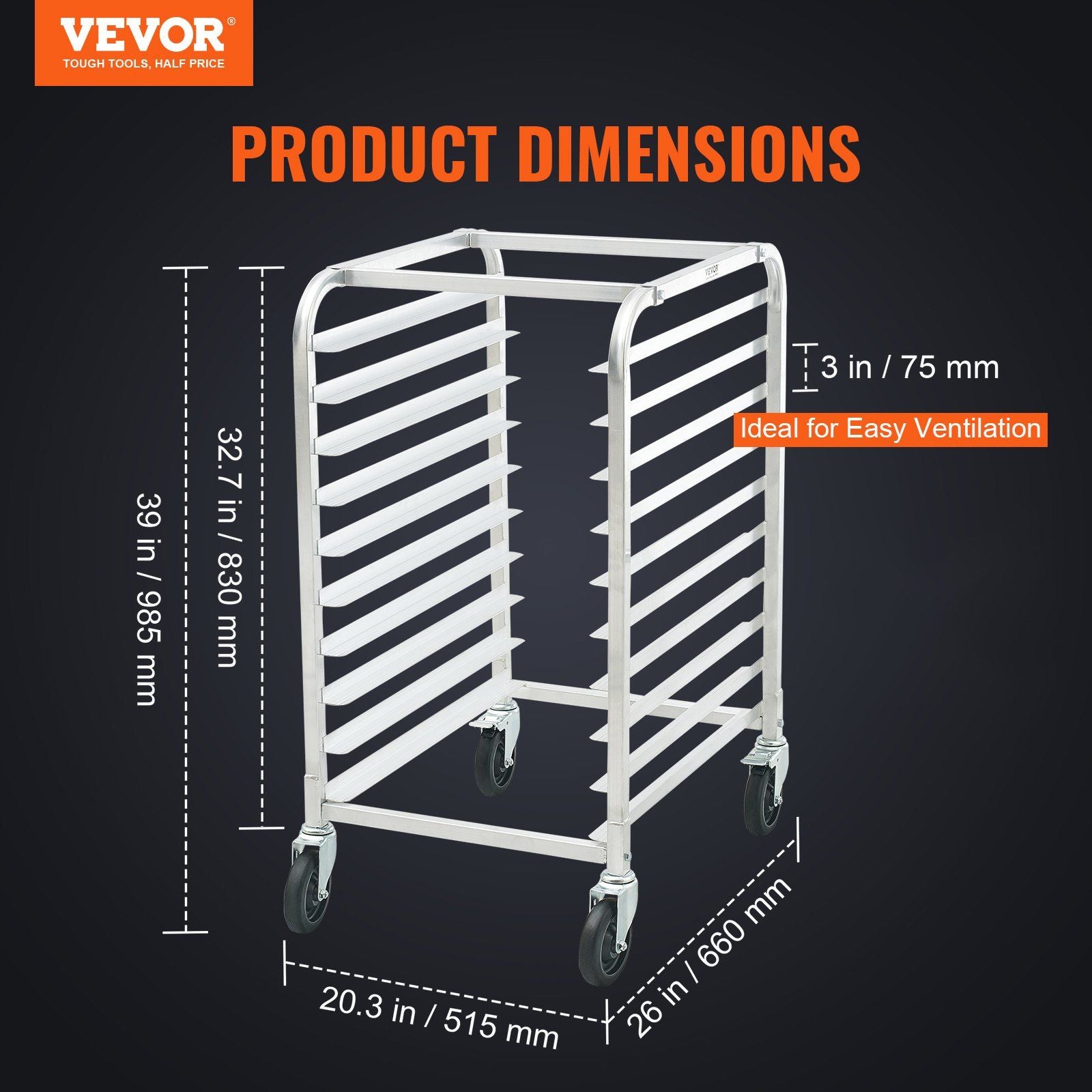 Bun Pan Rack, 10-Tier Commercial Bakery Racks with Brake Wheels, Aluminum Racking Trolley Storage for Half & Full Sheet, Speed Rack For Kitchen Home, Bread Baking Equipment, 26"L x 20.3"W x 39"H