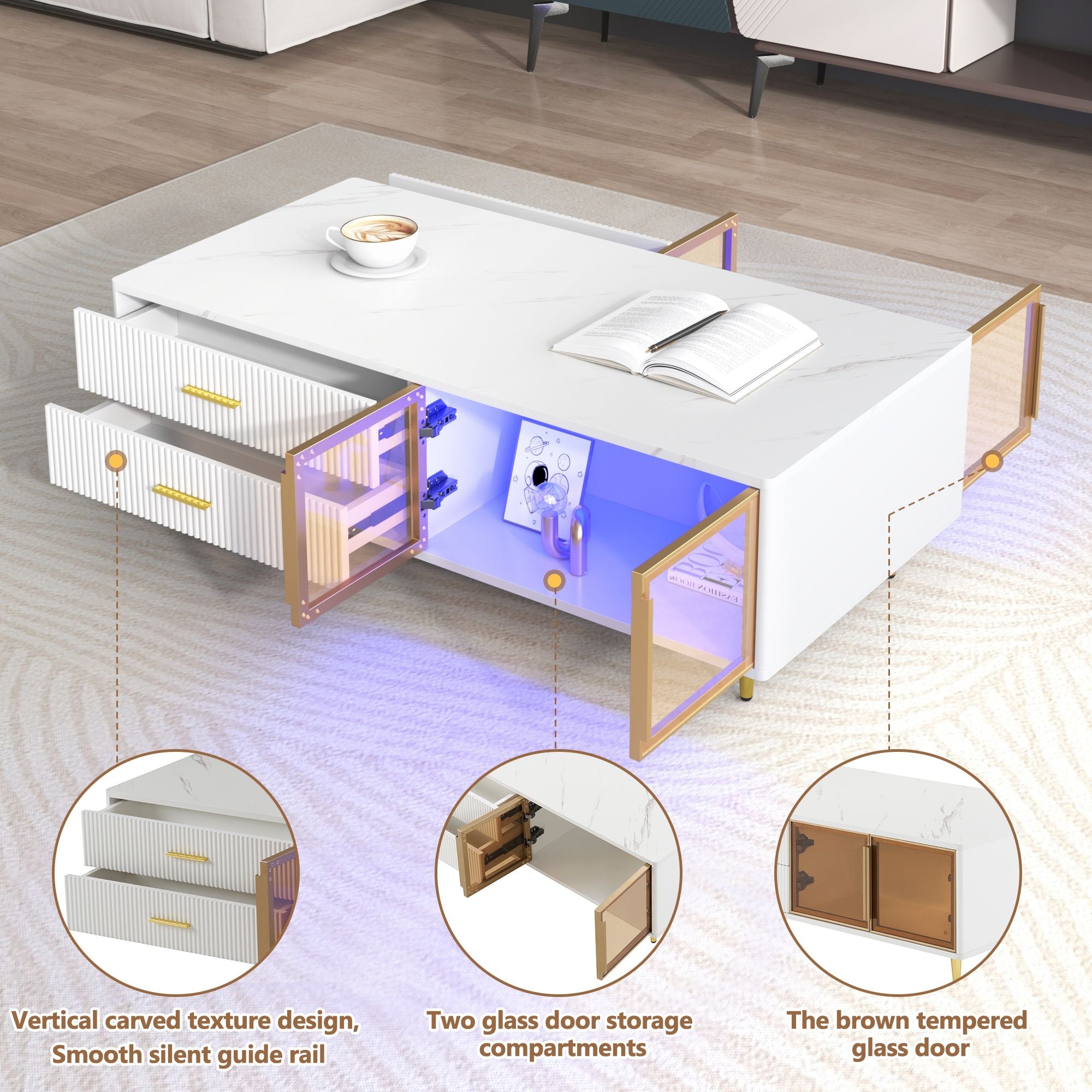 Modern Coffee Table with 2 Glass Door Storage, 4 Drawers, Gold Metal Legs, and Multi-Color Lighting in 47.2''