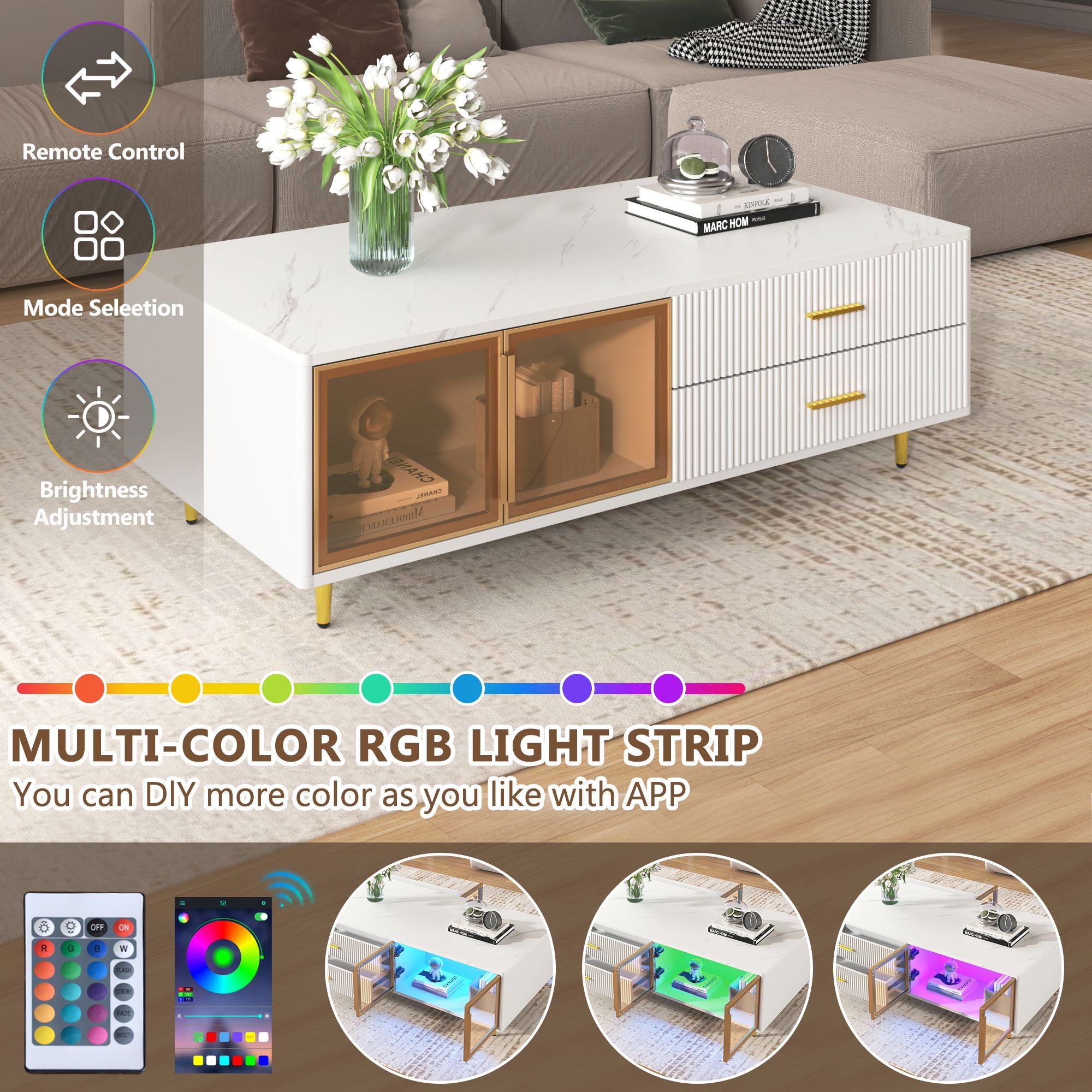 Modern Coffee Table with 2 Glass Door Storage, 4 Drawers, Gold Metal Legs, and Multi-Color Lighting in 47.2''