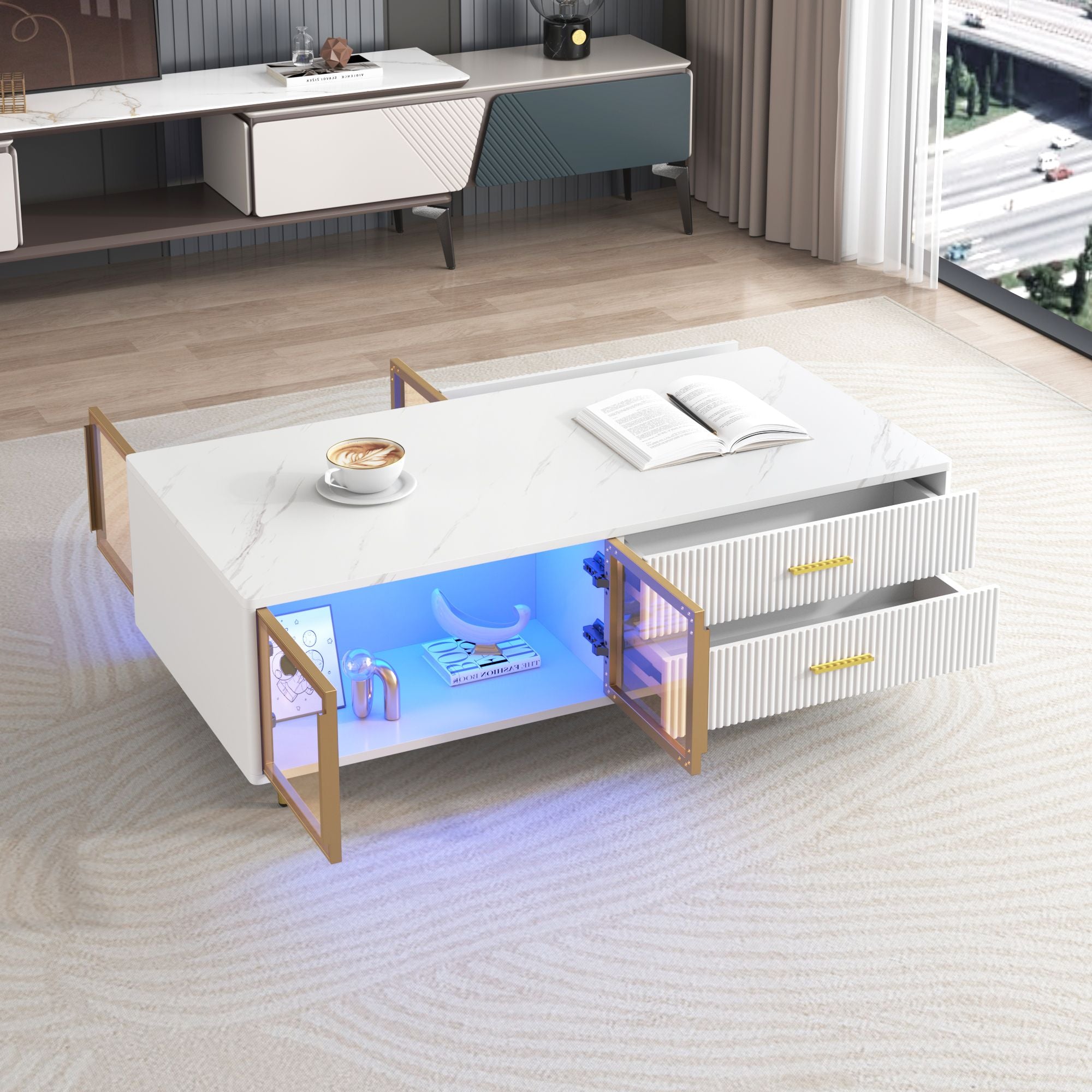 Modern Coffee Table with 2 Glass Door Storage, 4 Drawers, Gold Metal Legs, and Multi-Color Lighting in 47.2''