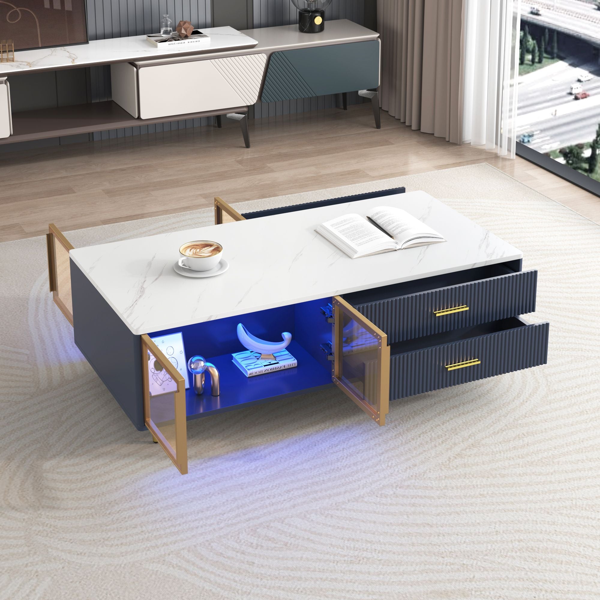 Modern Coffee Table with 2 Glass Door Storage, 4 Drawers, Gold Metal Legs, and Multi-Color Lighting in 47.2''