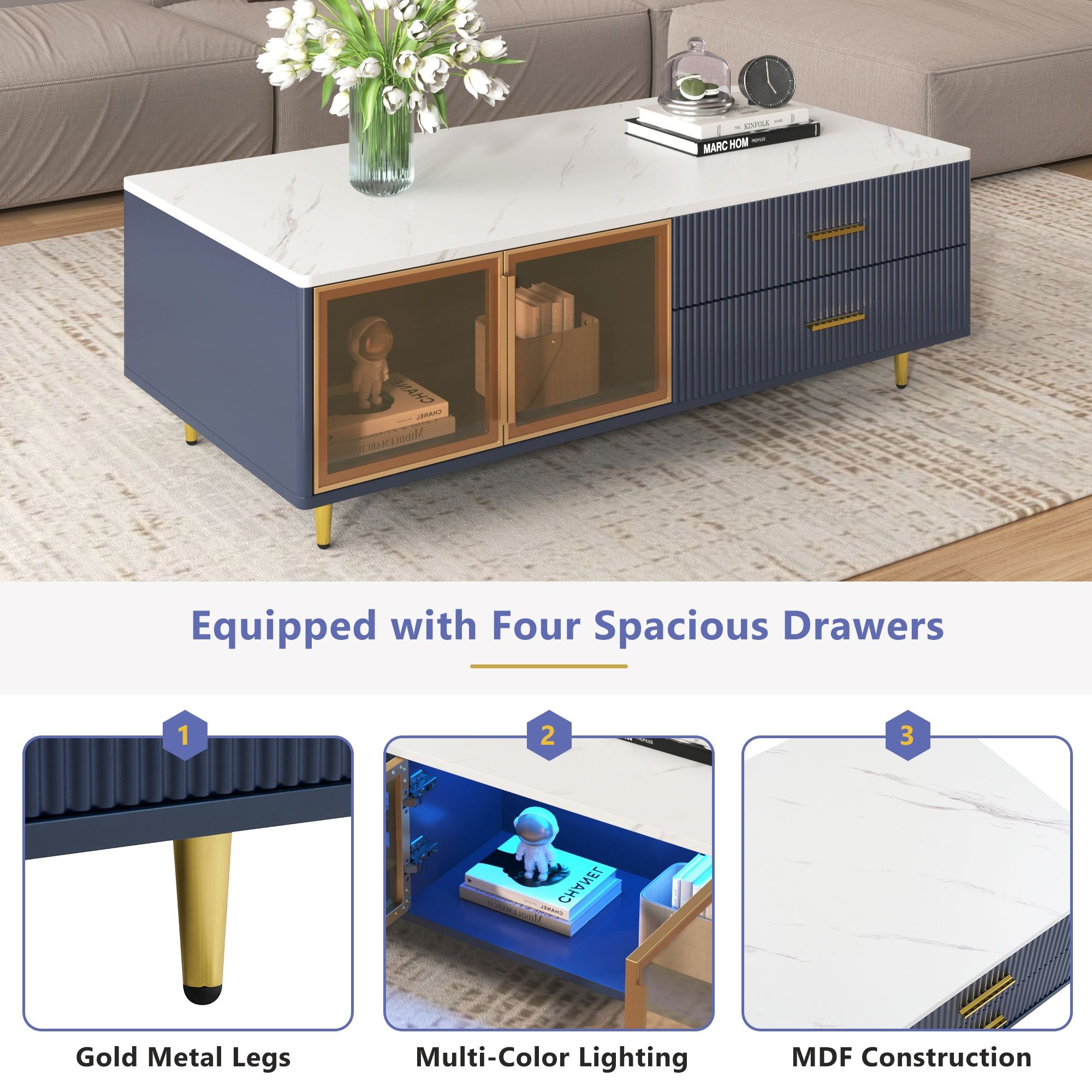 Modern Coffee Table with 2 Glass Door Storage, 4 Drawers, Gold Metal Legs, and Multi-Color Lighting in 47.2''