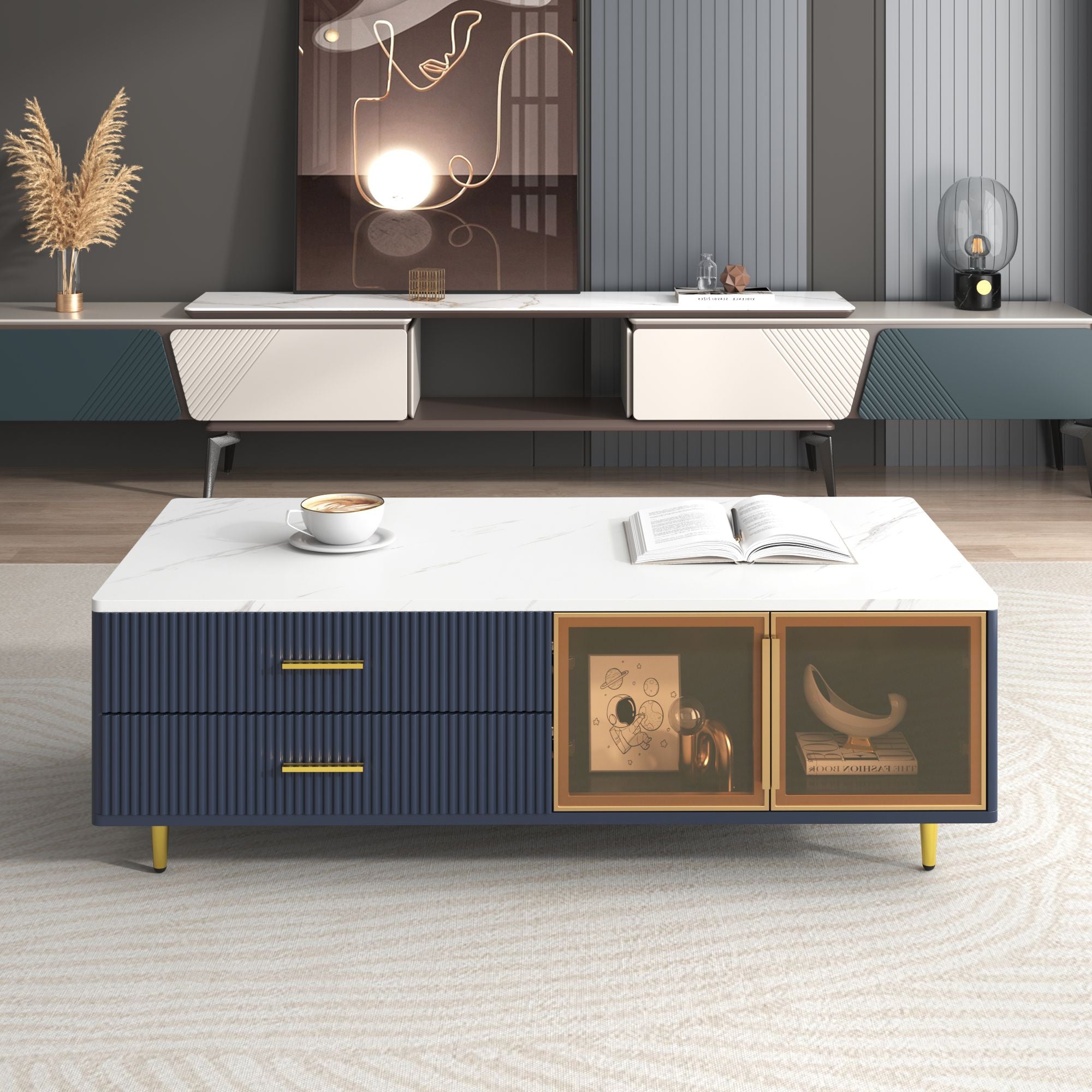 Modern Coffee Table with 2 Glass Door Storage, 4 Drawers, Gold Metal Legs, and Multi-Color Lighting in 47.2''