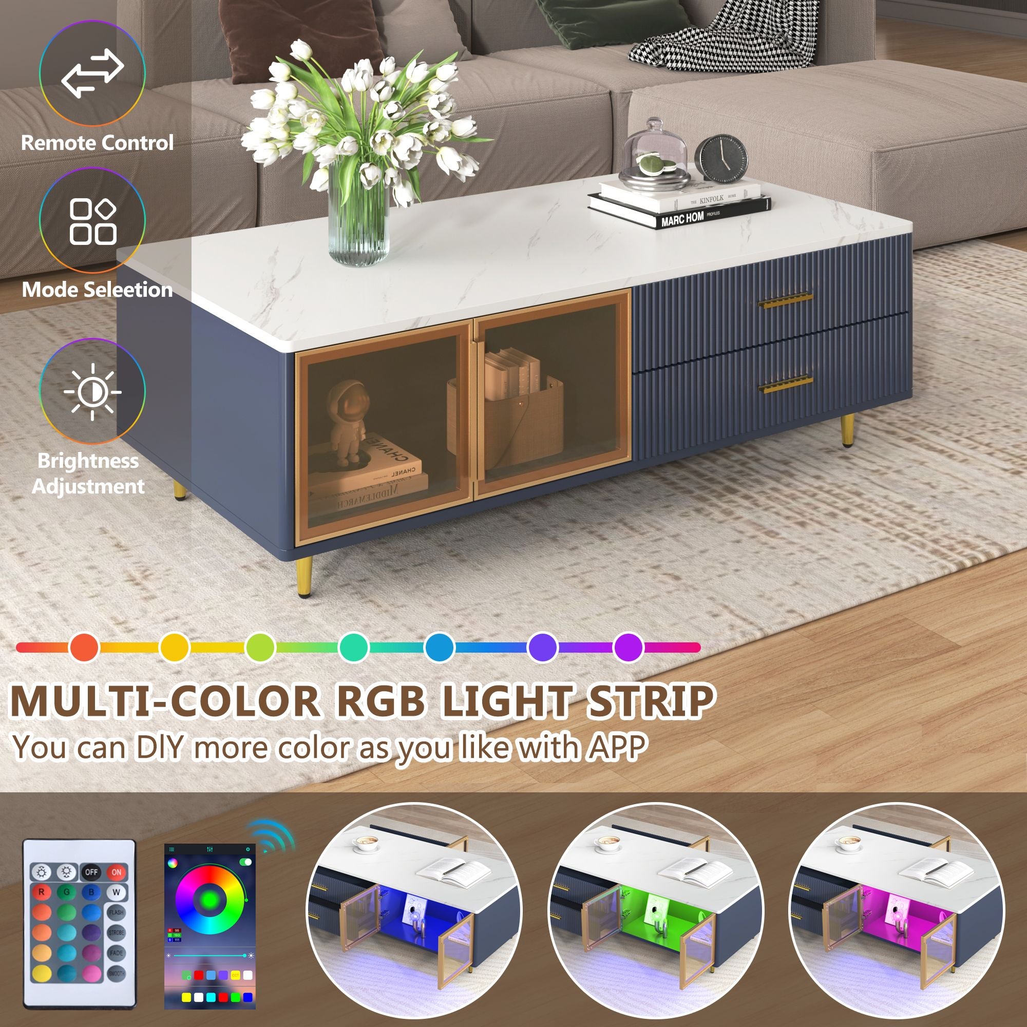Modern Coffee Table with 2 Glass Door Storage, 4 Drawers, Gold Metal Legs, and Multi-Color Lighting in 47.2''
