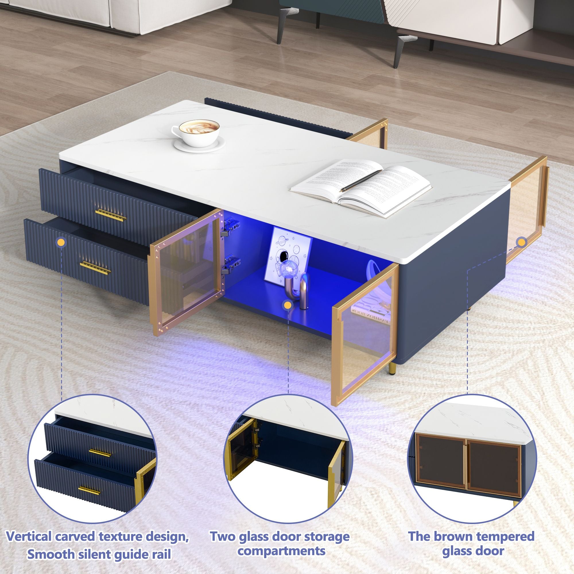 Modern Coffee Table with 2 Glass Door Storage, 4 Drawers, Gold Metal Legs, and Multi-Color Lighting in 47.2''