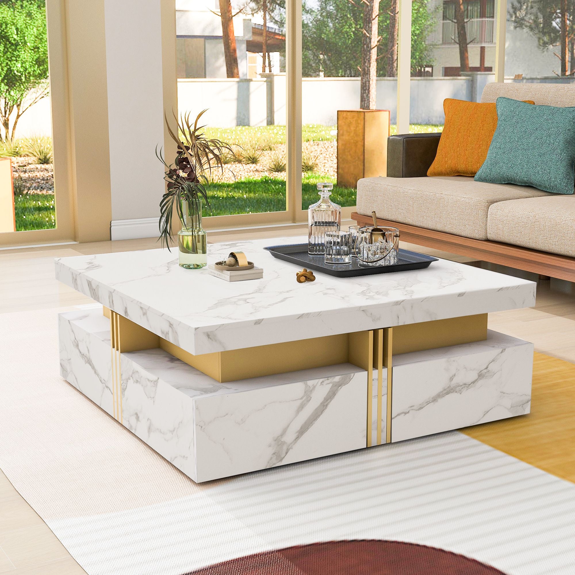 Modern Square Storage Coffee Table With 4 Drawers