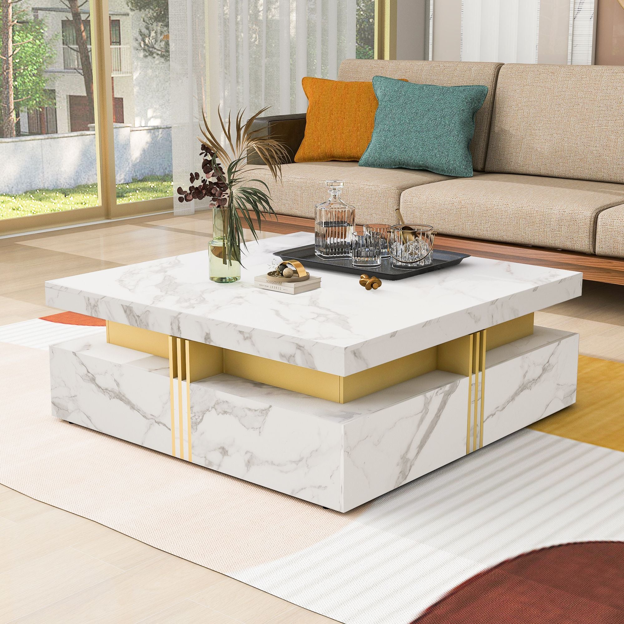 Modern Square Storage Coffee Table With 4 Drawers