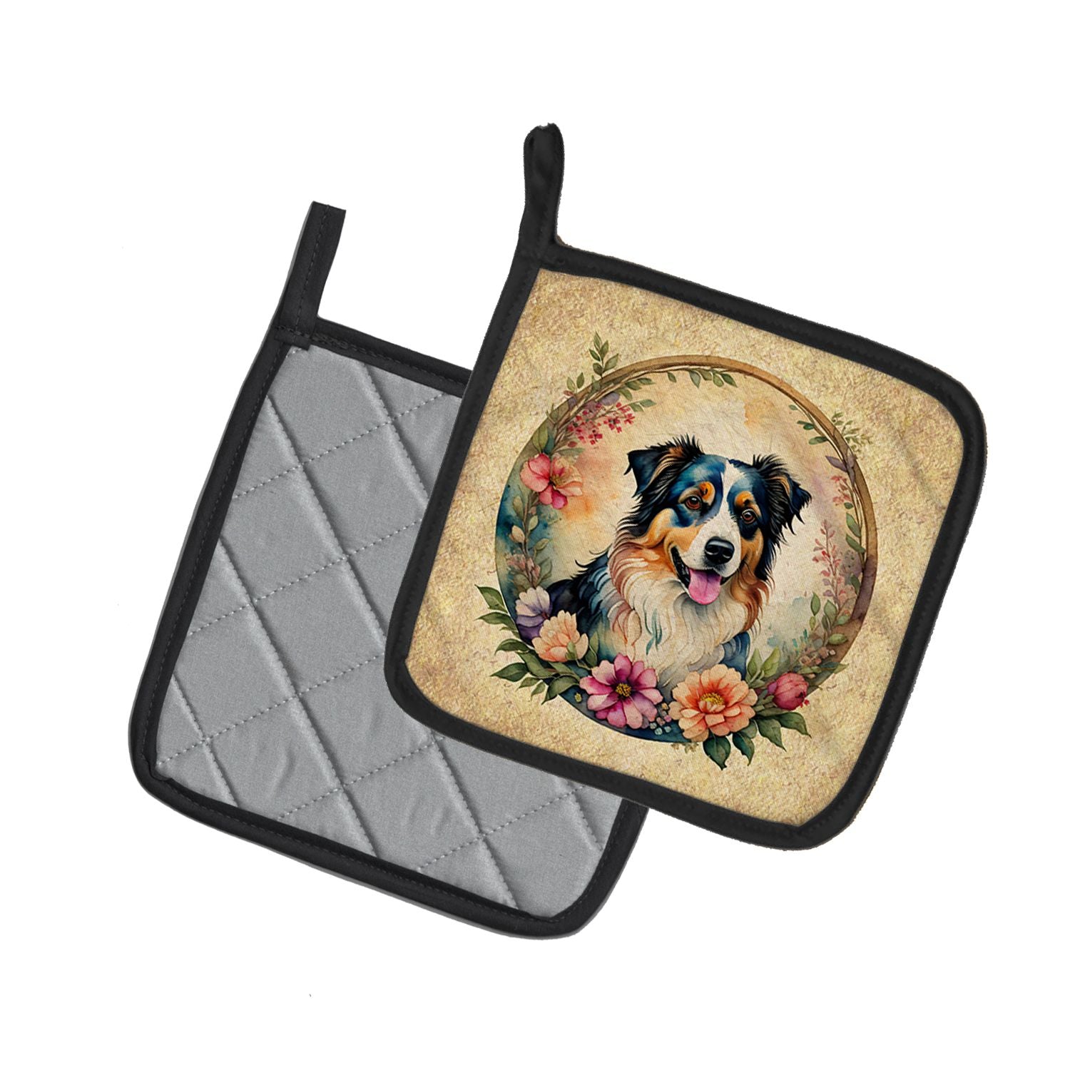 Australian Shepherd and Flowers Pair of Pot Holders Kitchen Heat Resistant Pot Holders Sets Oven Hot Pads for Cooking Baking BBQ, 7 1/2 x 7 1/2