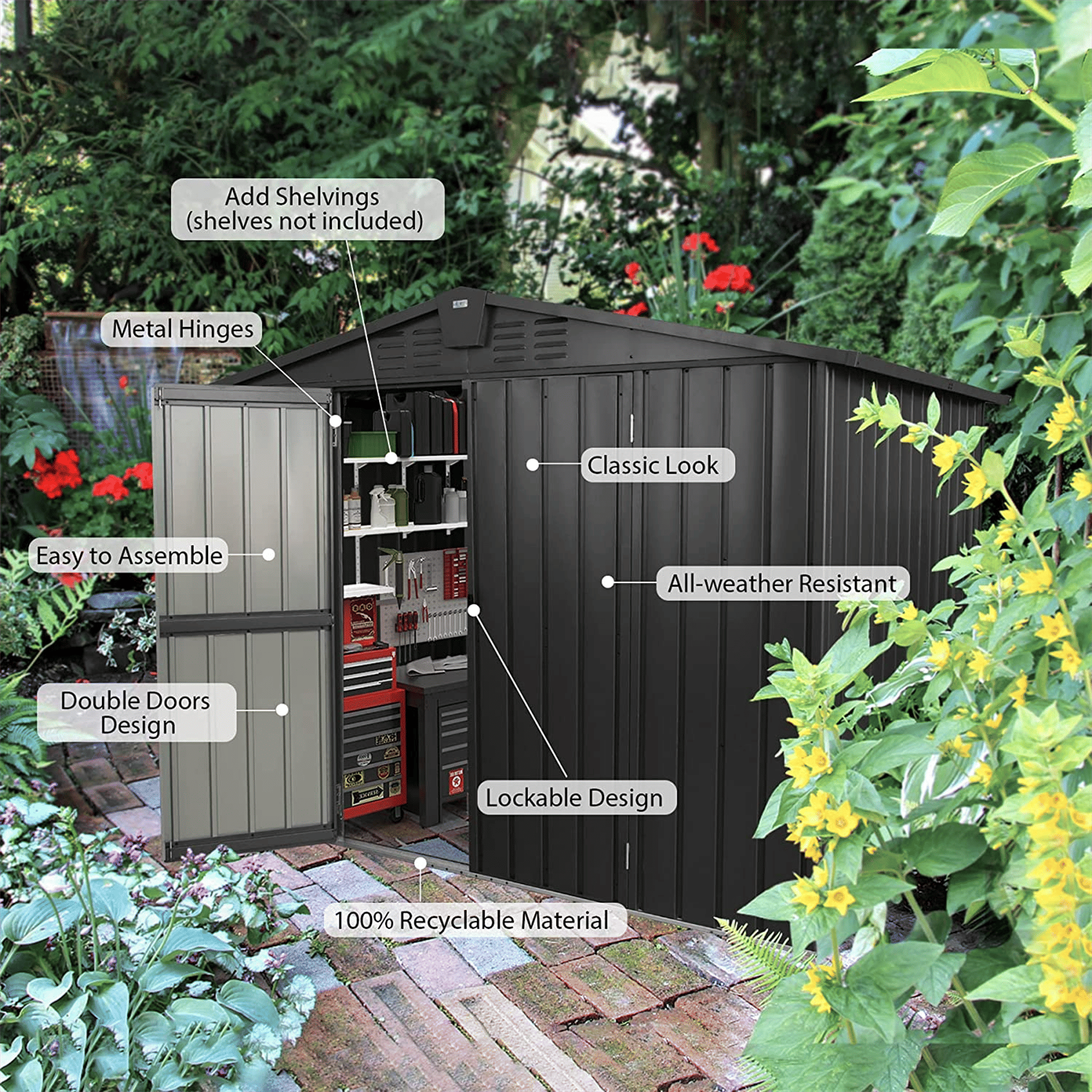 Outdoor Storage Shed 8.2'x 6.2', Metal Garden Shed for Bike, Trash Can, Galvanized Steel Outdoor Storage Cabinet with Lockable Door for Backyard, Patio, Lawn (8.2x6.2ft, Black)