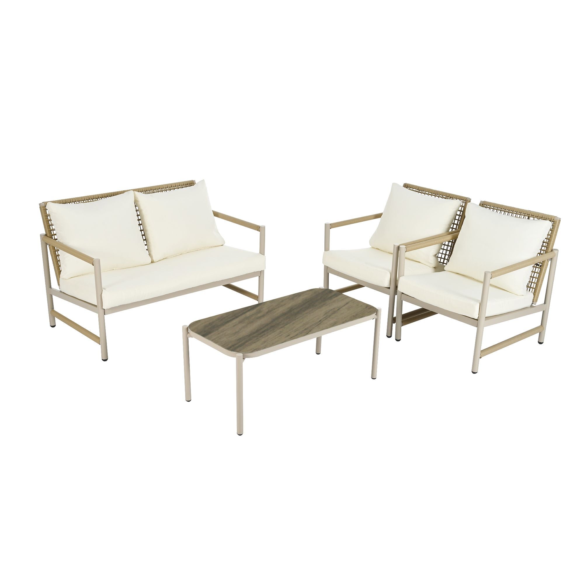 4 Pieces Patio Furniture Set, PE Rattan Wicker 4 Pcs Outdoor Sofa Set w/Washable Cushion and Tempered Glass Tabletop, Conversation Furniture for Garden Poolside Balcony