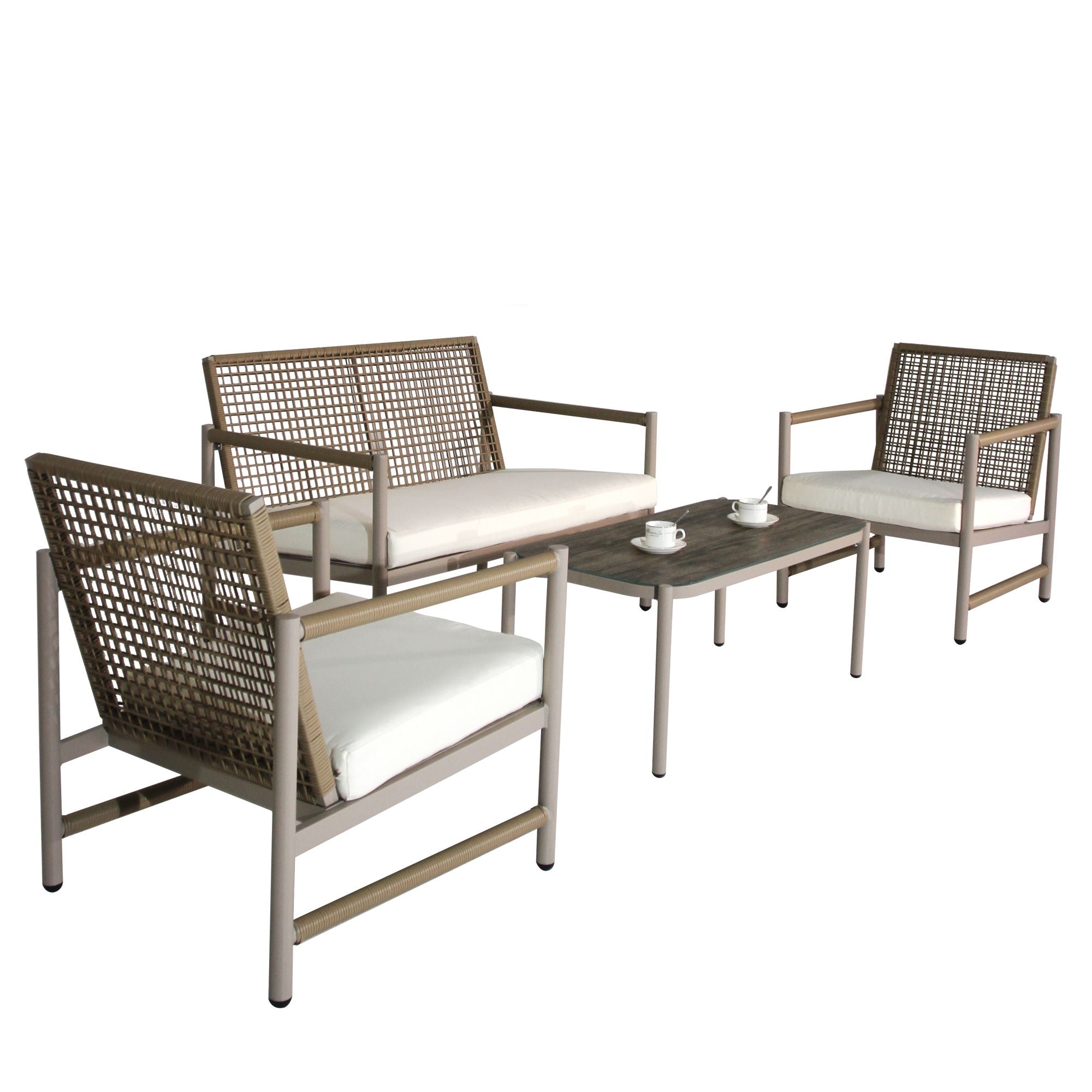4 Pieces Patio Furniture Set, PE Rattan Wicker 4 Pcs Outdoor Sofa Set w/Washable Cushion and Tempered Glass Tabletop, Conversation Furniture for Garden Poolside Balcony