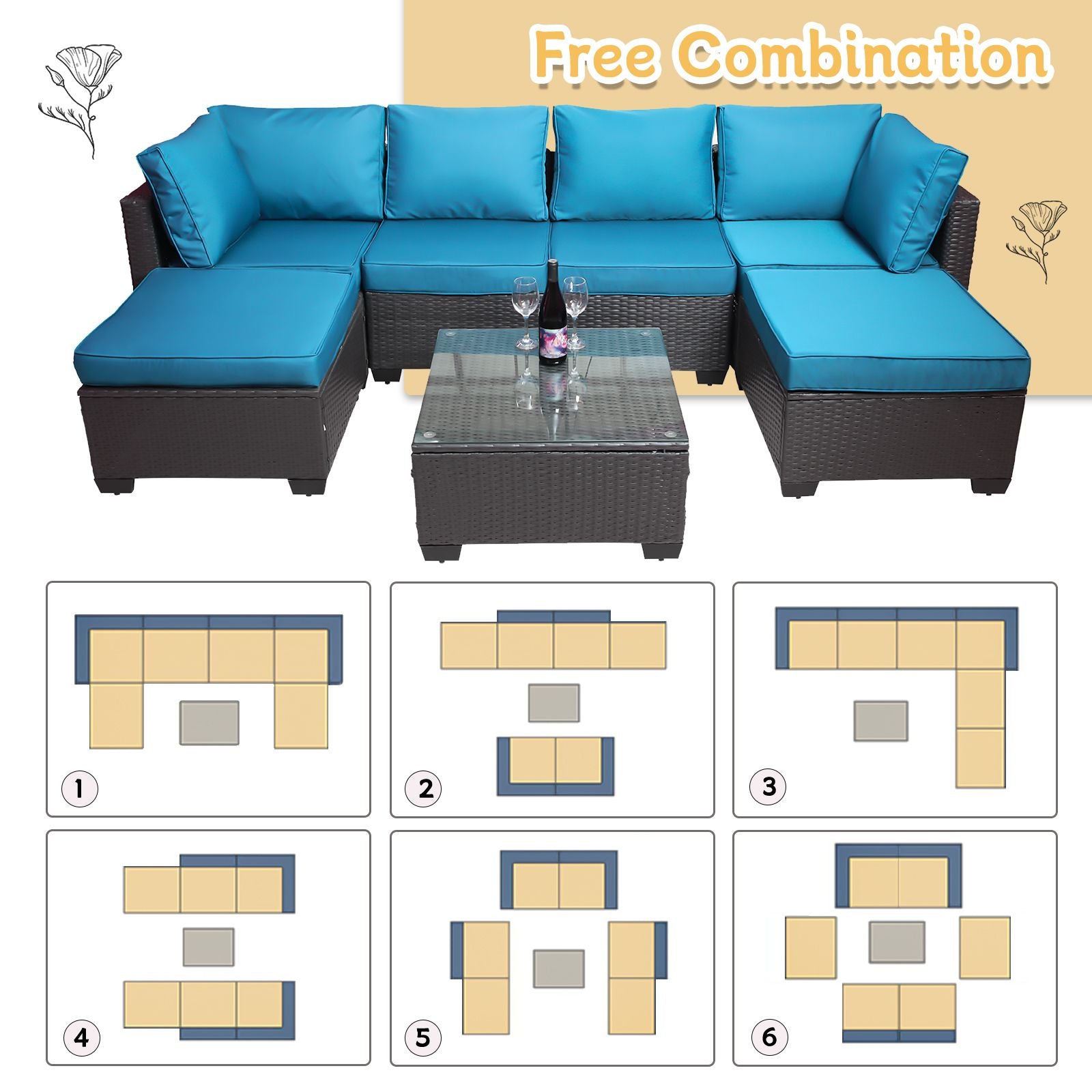 7 Pieces Outdoor Patio Sectional Sofa Couch, Silver Gray PE Wicker Furniture Conversation Sets with Washable Cushions & Glass Coffee Table for Garden, Poolside, Backyard